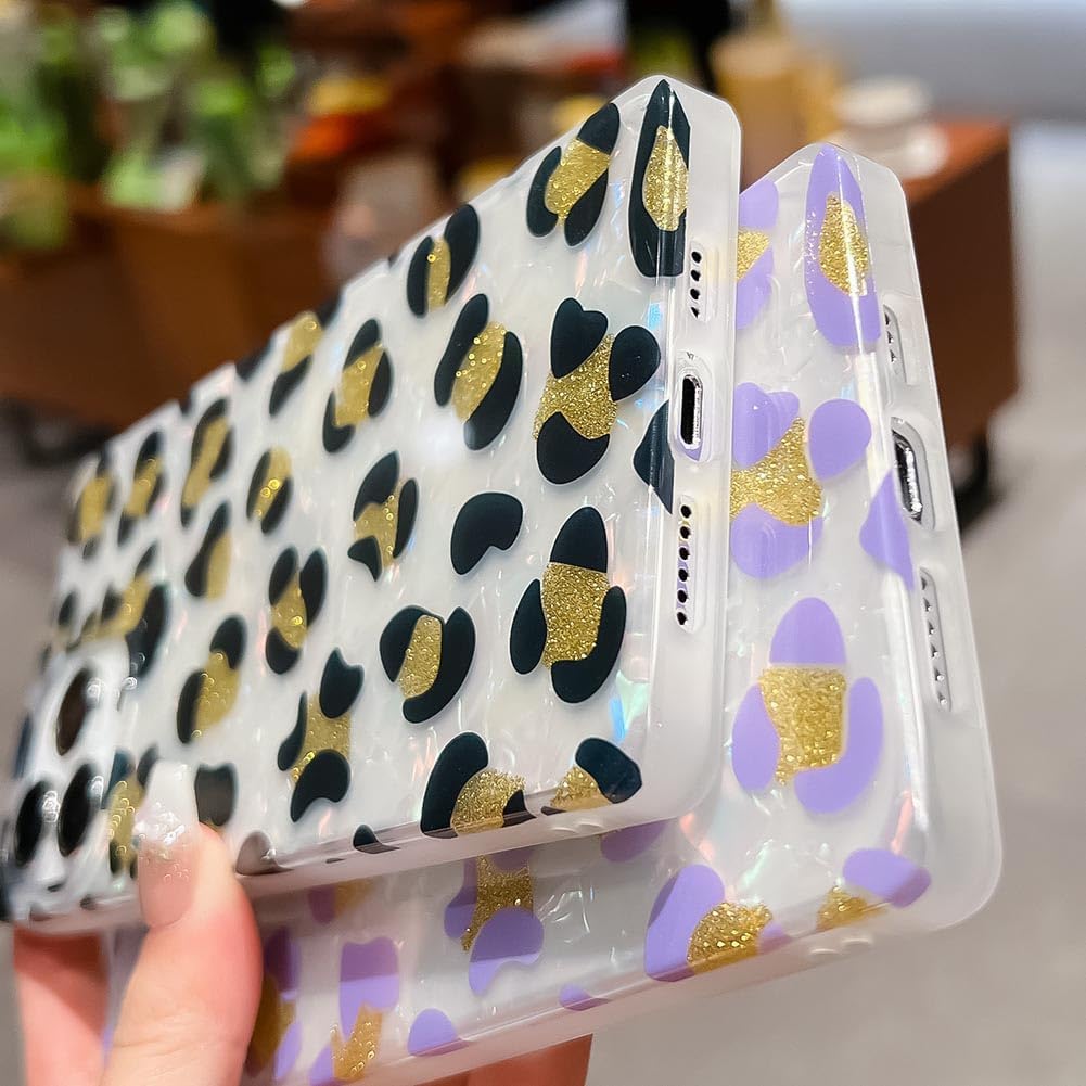 KERZZIL Funda de lujo con diseño de leopardo y perla para iPhone 13 Pro de 6.1 pulgadas, con borde cuadrado, bonito polvo dorado dorado brillante