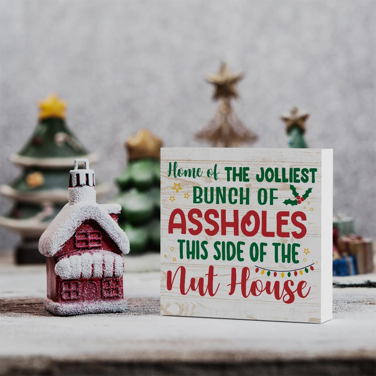 Cartel de madera divertido con texto en inglés Merry Christmas Home of the Jolliest, decoración de obras de arte de Papá Noel, letrero cuadrado de