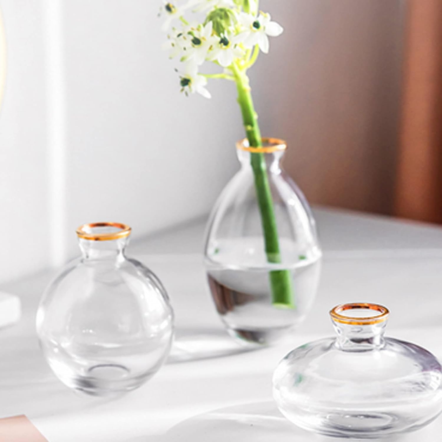 Small Vases for Centerpieces Glass Esmiome – Clear with Gold Rim 3pcsSet Bud Vases, Short Minimalist Vase Clear Modern Flower Vase Mini Tiny Vases