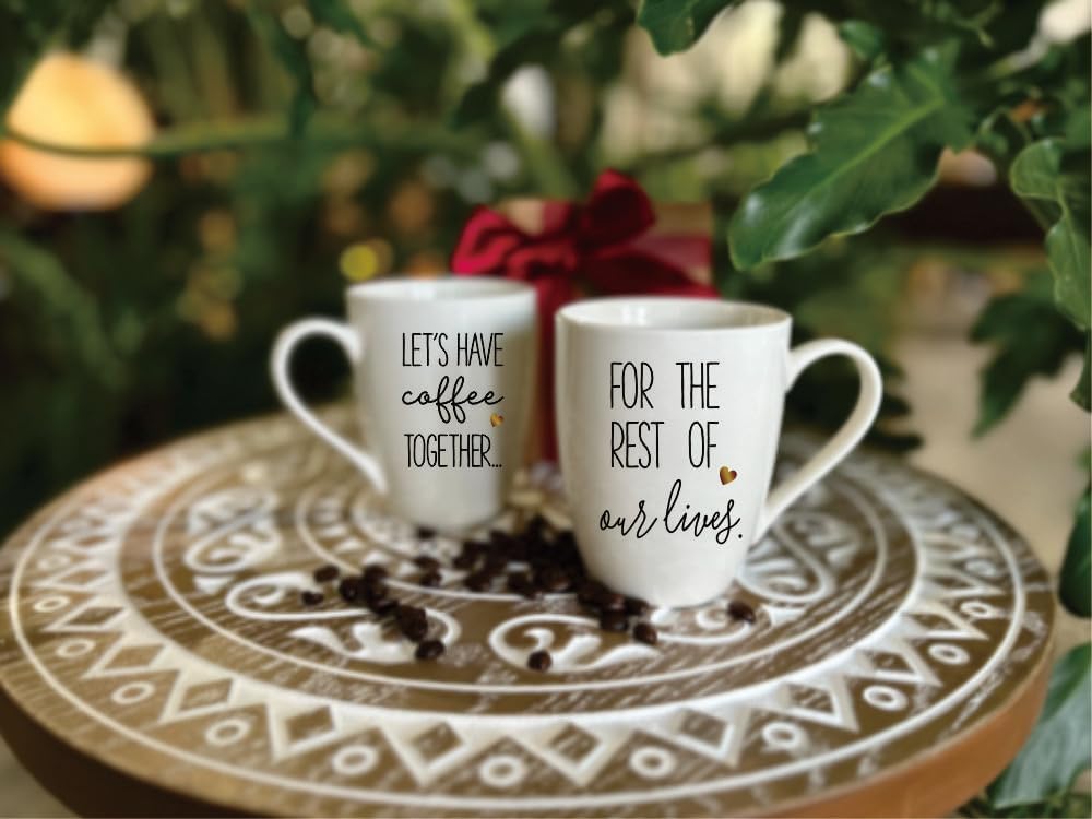 Juego de 2 tazas de café para parejas, con texto en inglés Let’s Have Coffee Together for the Rest of Our Lives, regalos para señor y señora, regalo
