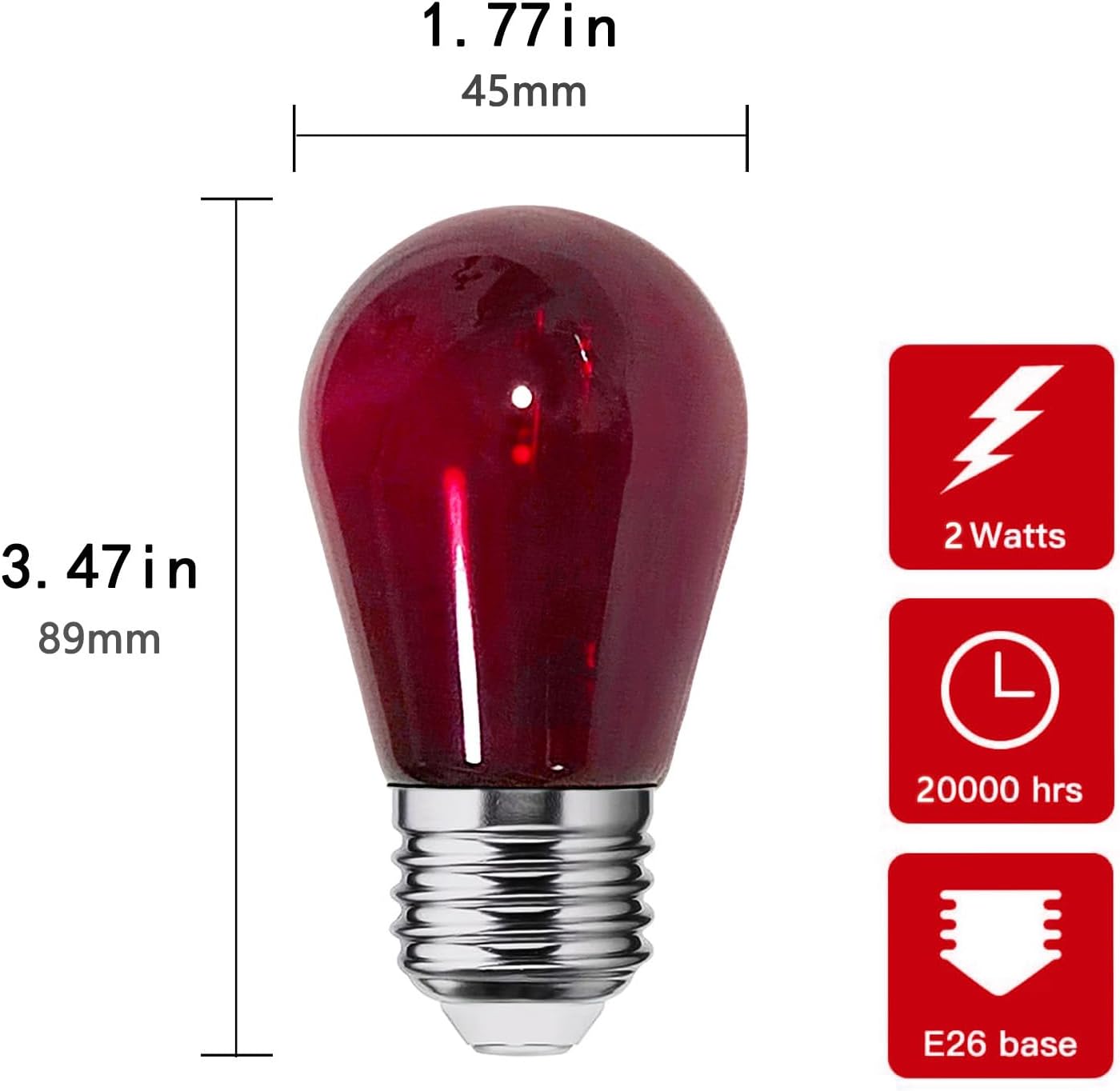 S14 – Bombilla LED roja de 2 W, bombillas de repuesto para cadena roja, inastillables, impermeables, decorativas, E26, filamento rojo, E26,