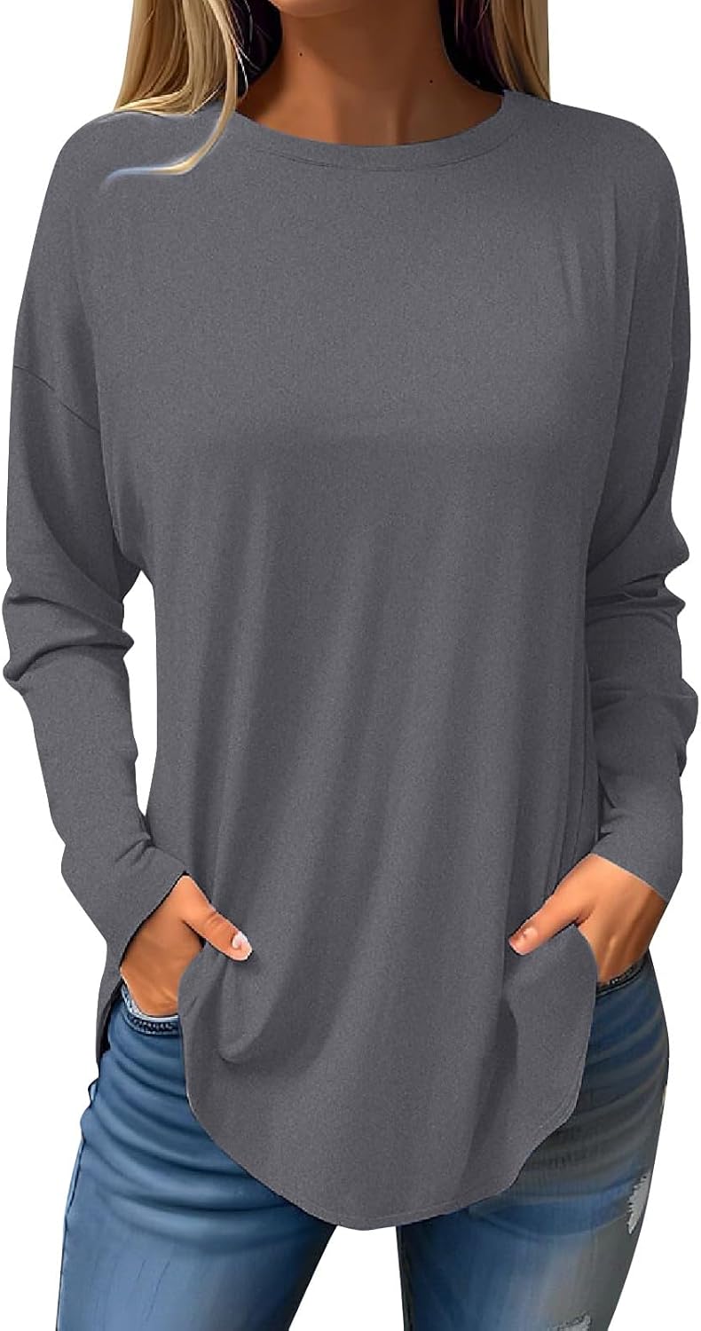 Camisas para mujer, elegantes, casuales, para otoño, lisas, blusas casuales de manga larga, sexy, camisetas de invierno con cuello redondo