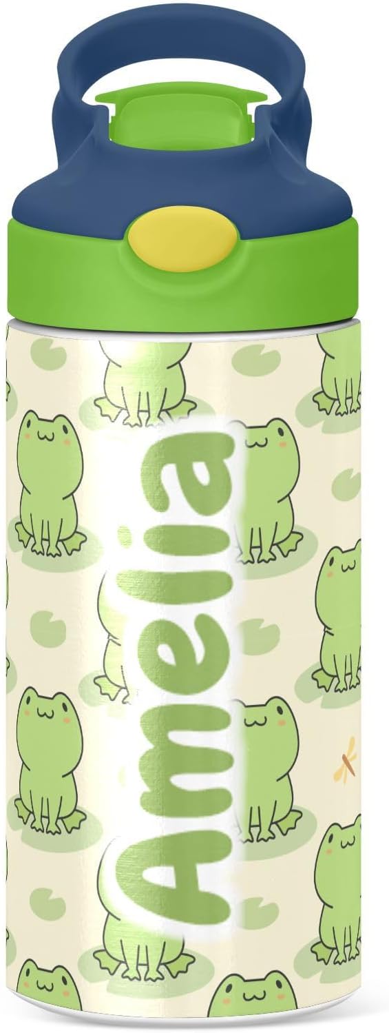 Cute Frog – Botella de agua aislada personalizada con pajilla, botella de agua al vacío de acero inoxidable personalizada para viajes y oficina