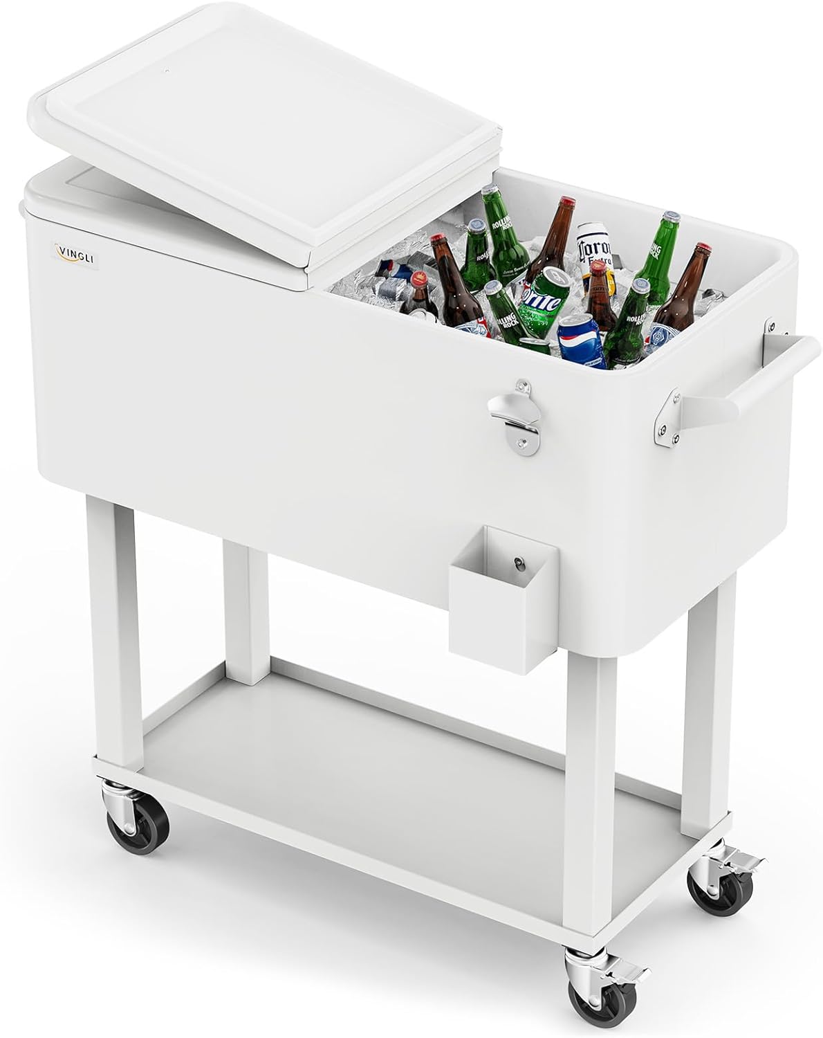 VINGLI Carrito rodante de 80 cuartos de galón con ruedas, enfriador de bebidas portátil para bar, fiesta de patio, piscina, baúl de hielo con