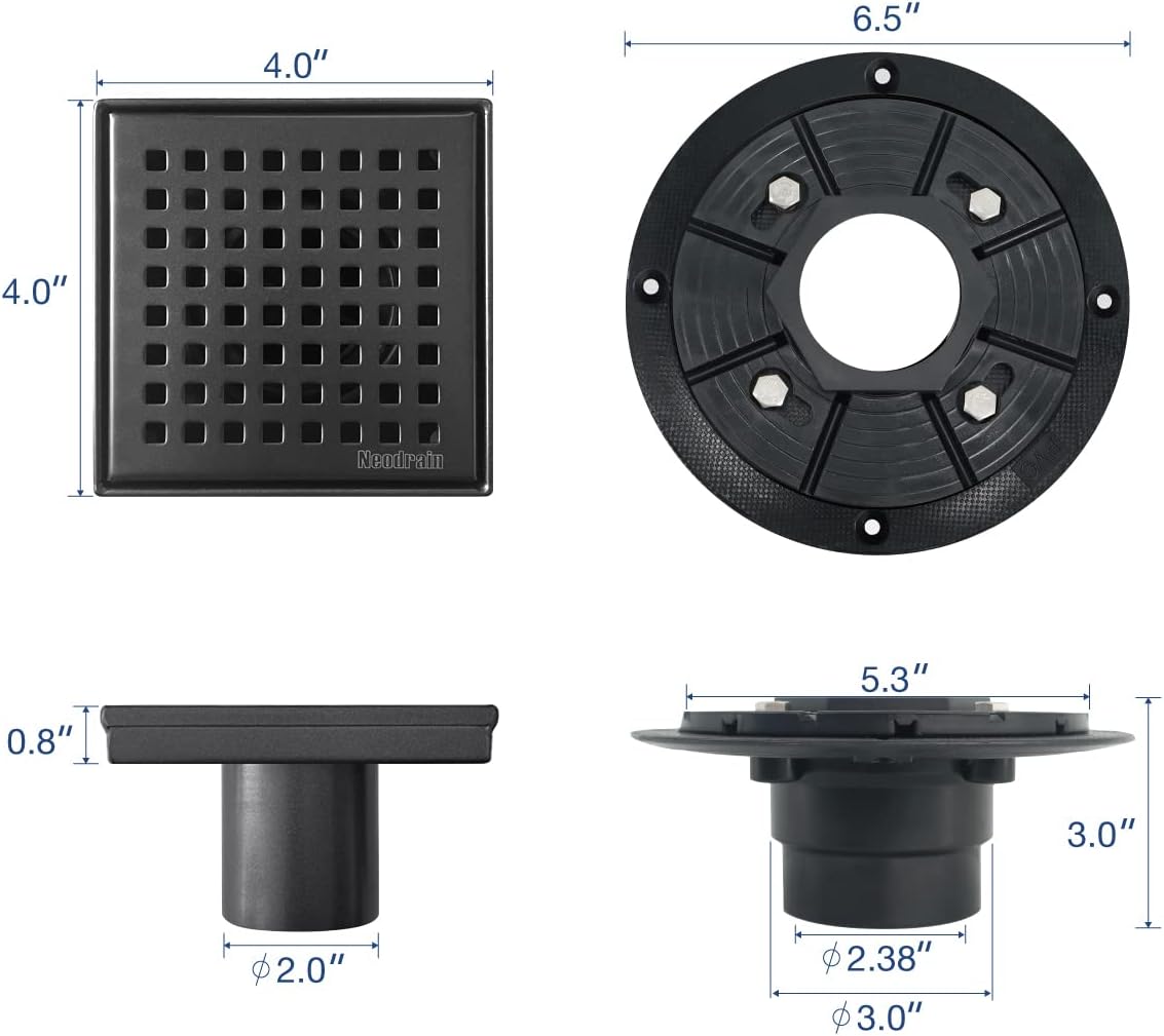 Neodrain – Drenaje cuadrado de 4 pulgadas con rejilla extraíble de patrón cuadrado, acero inoxidable 304 cepillado, incluye base de drenaje, colador