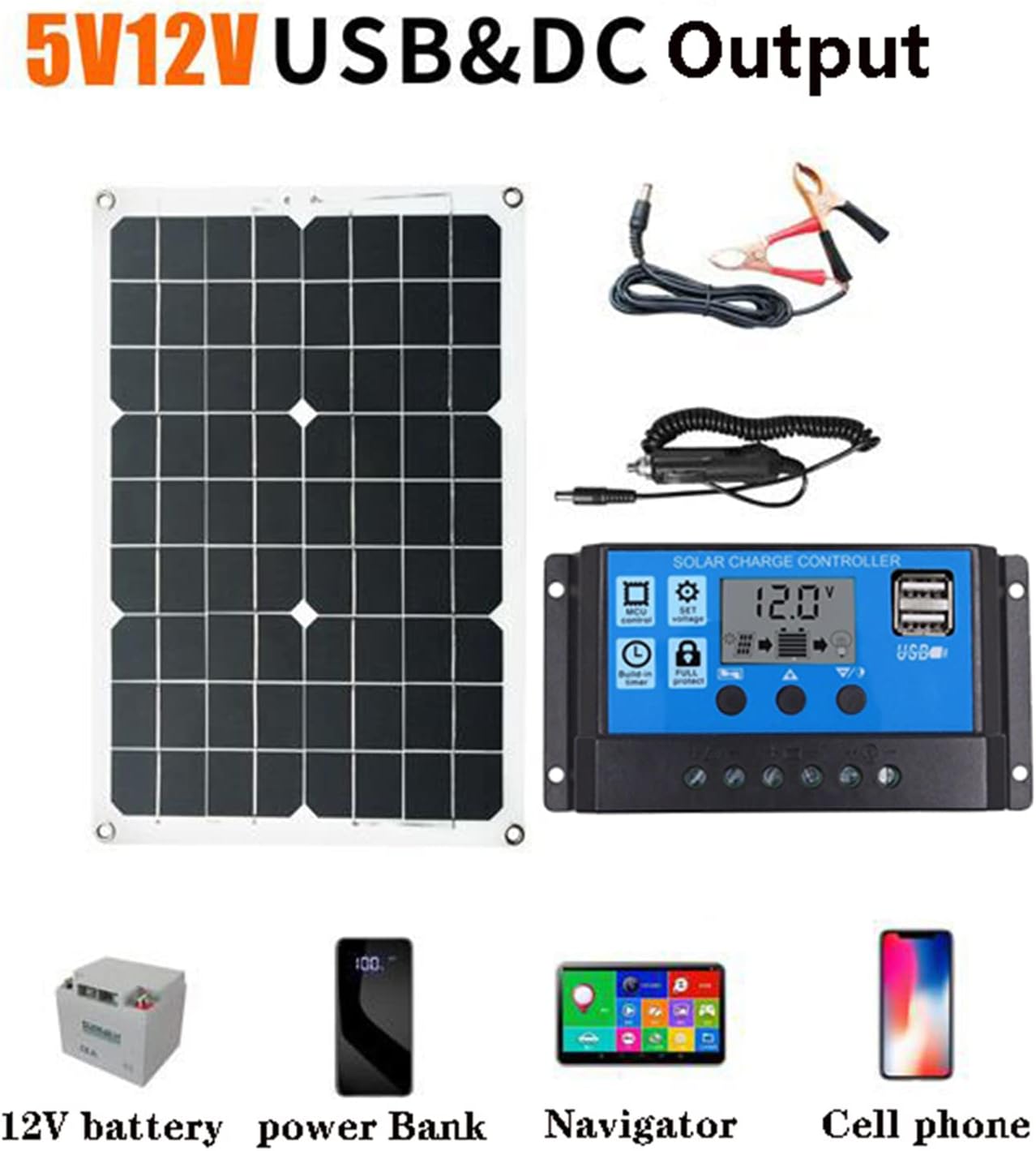 Weytoll Sistema de panel solar de 18 V, 20 W, panel solar, controlador de carga de 30 A con kit de inversor solar de automóvil USB dual, fuente