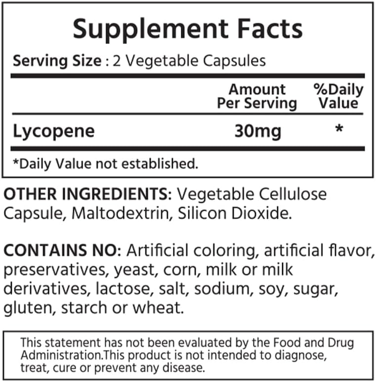 Licopeno natural 30 mg 120 cápsulas vegetales. Todo natural de tomates. Sin OGM. Suplemento antioxidante.