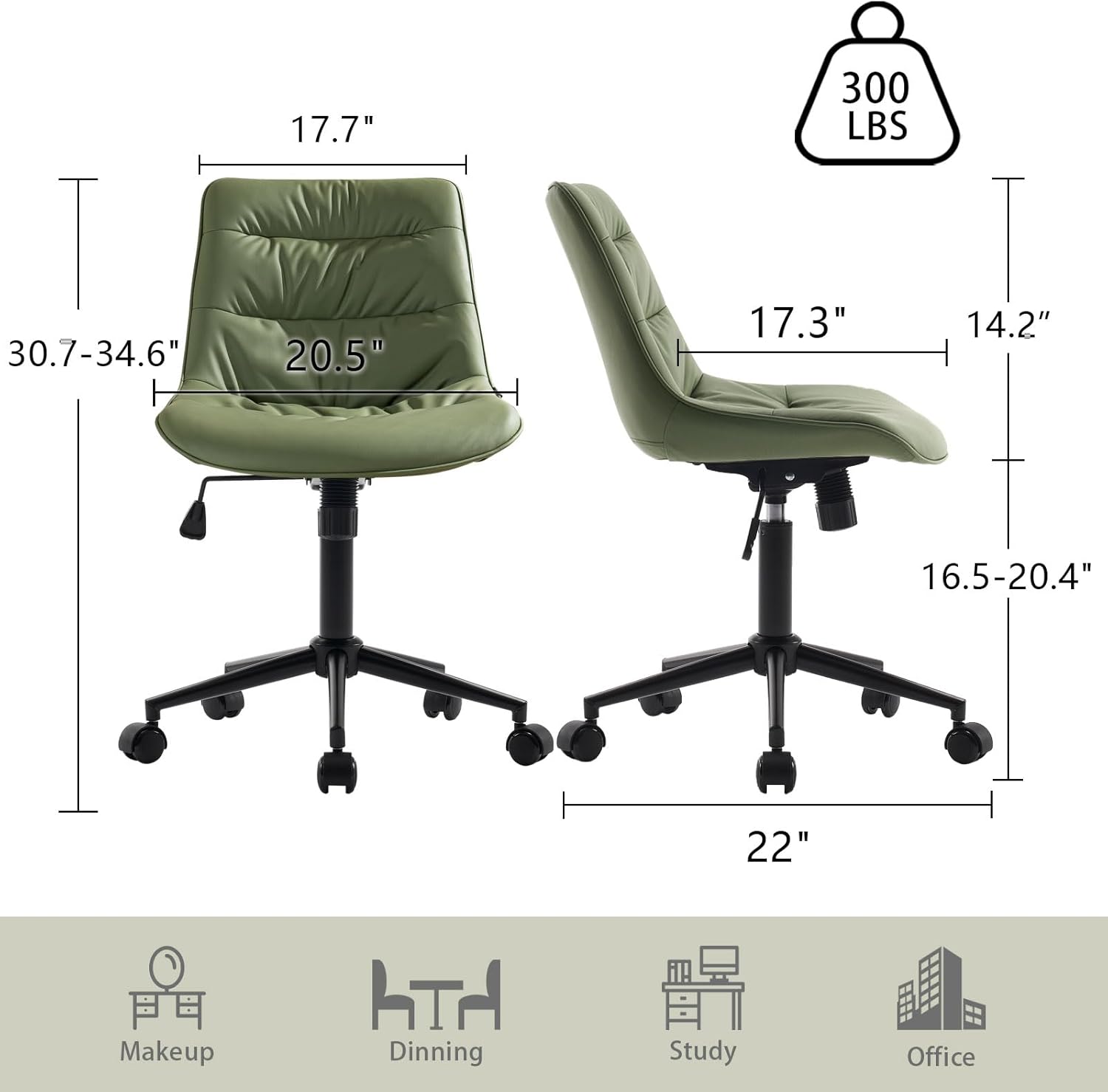 Kidol & Shellder Silla ergonómica de oficina con ruedas giratoria sin brazos, silla de escritorio de piel sintética, silla reclinable con respaldo