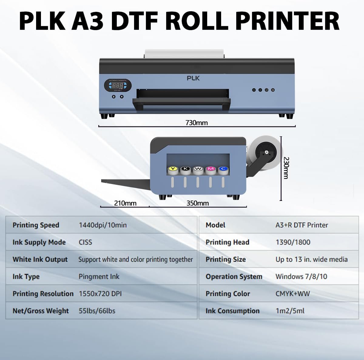 PLK Impresora DTF con alimentador de rollo, impresora de transferencia A3 L1800 con sistema de circulación de tinta blanca para camisetas,