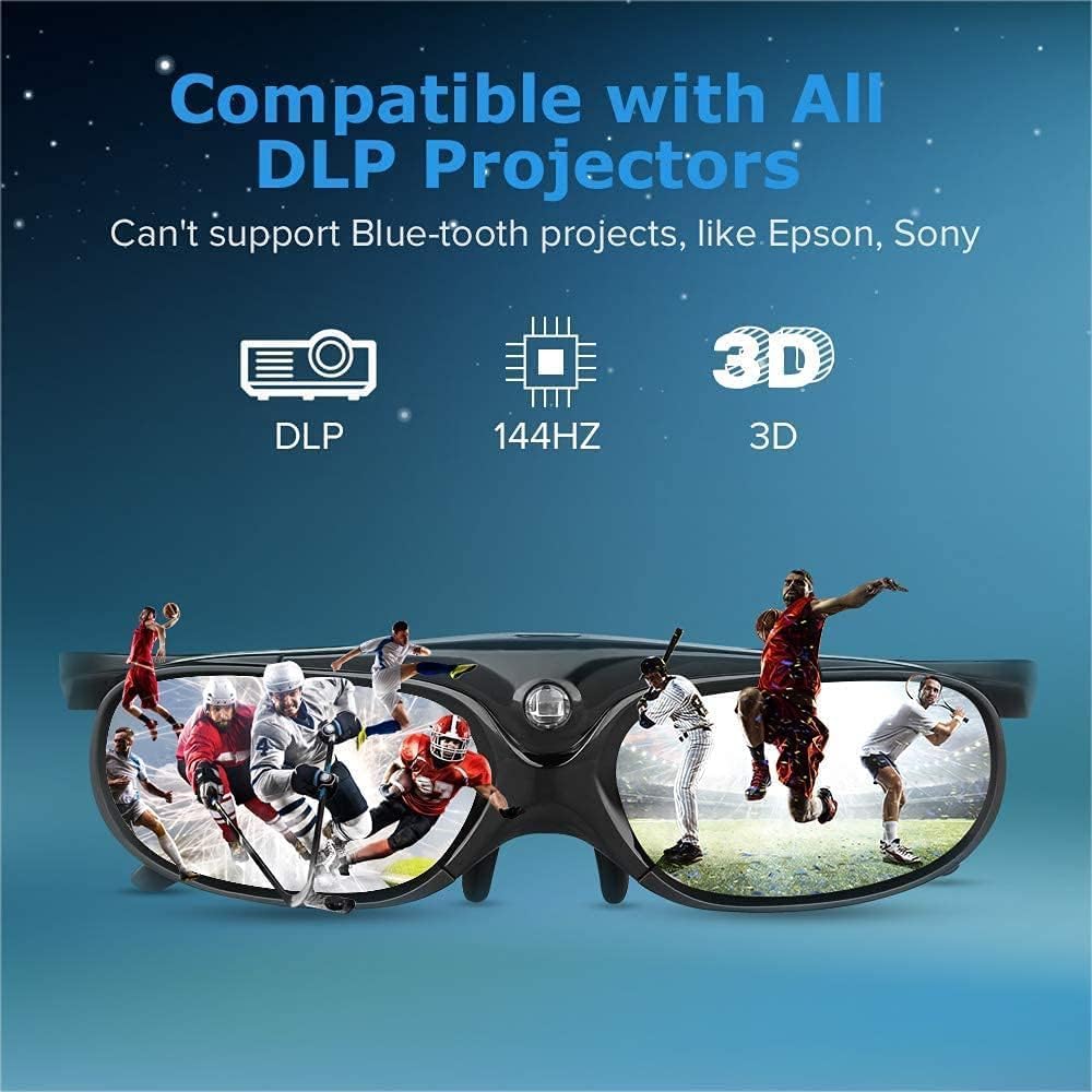 BOBLOV DLP Link – Lentes 3D recargables de 144 Hz, compatibles con Optoma, BenQ, Acer, ViewSonic, Vivitek, Panasonic, Dell, otros proyectores 3D