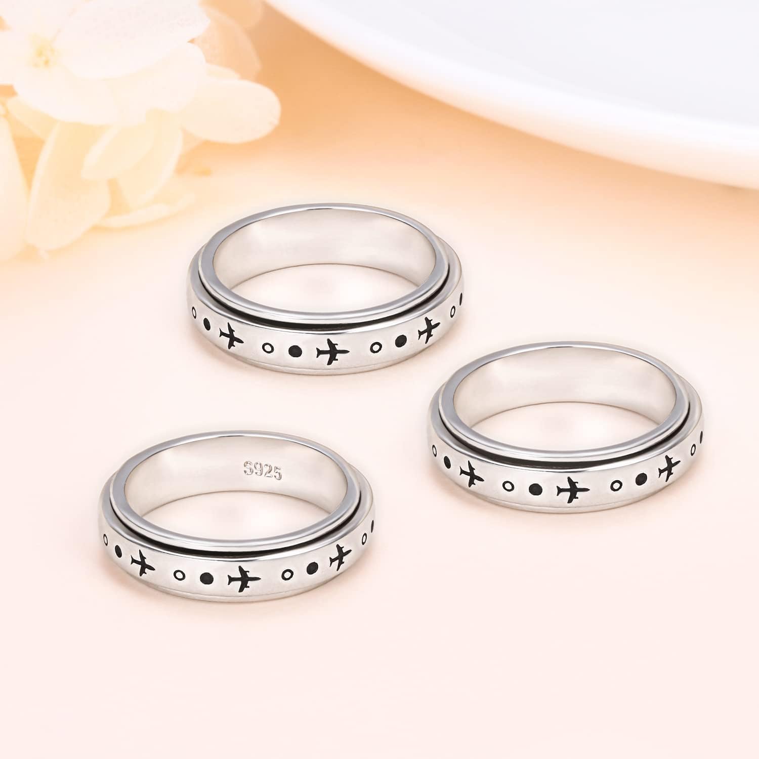 Anillo giratorio de avión para mujeres, hombres, niños y niñas, de plata de ley 925, anillos antiestrés para ansiedad, alivio del estrés, TDAH,