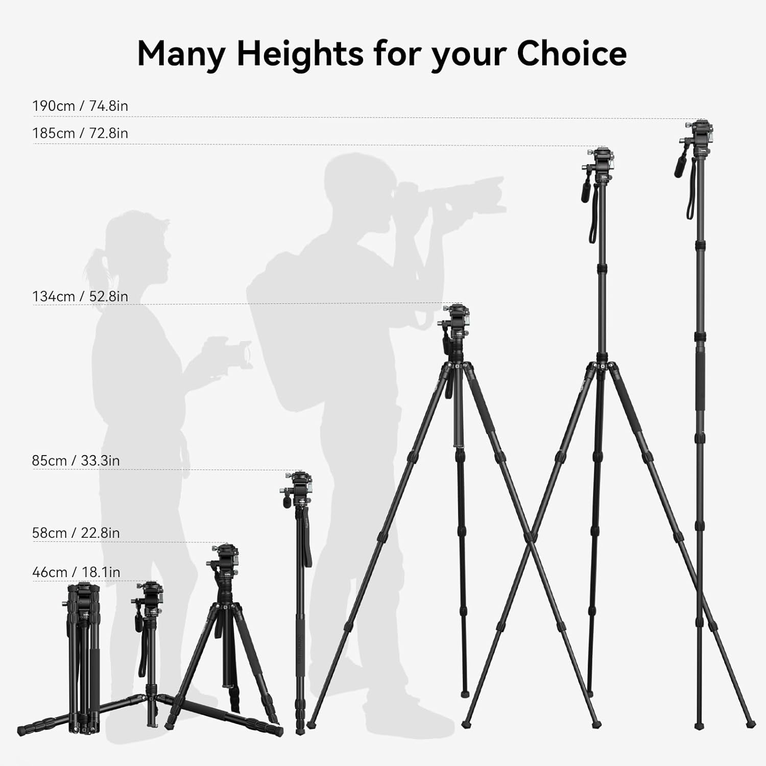 SmallRig Kit de trípode de video de 73 pulgadas con cabezal fluido de inclinación panorámica para disparo verticalhorizontal, carga máxima de 33.1