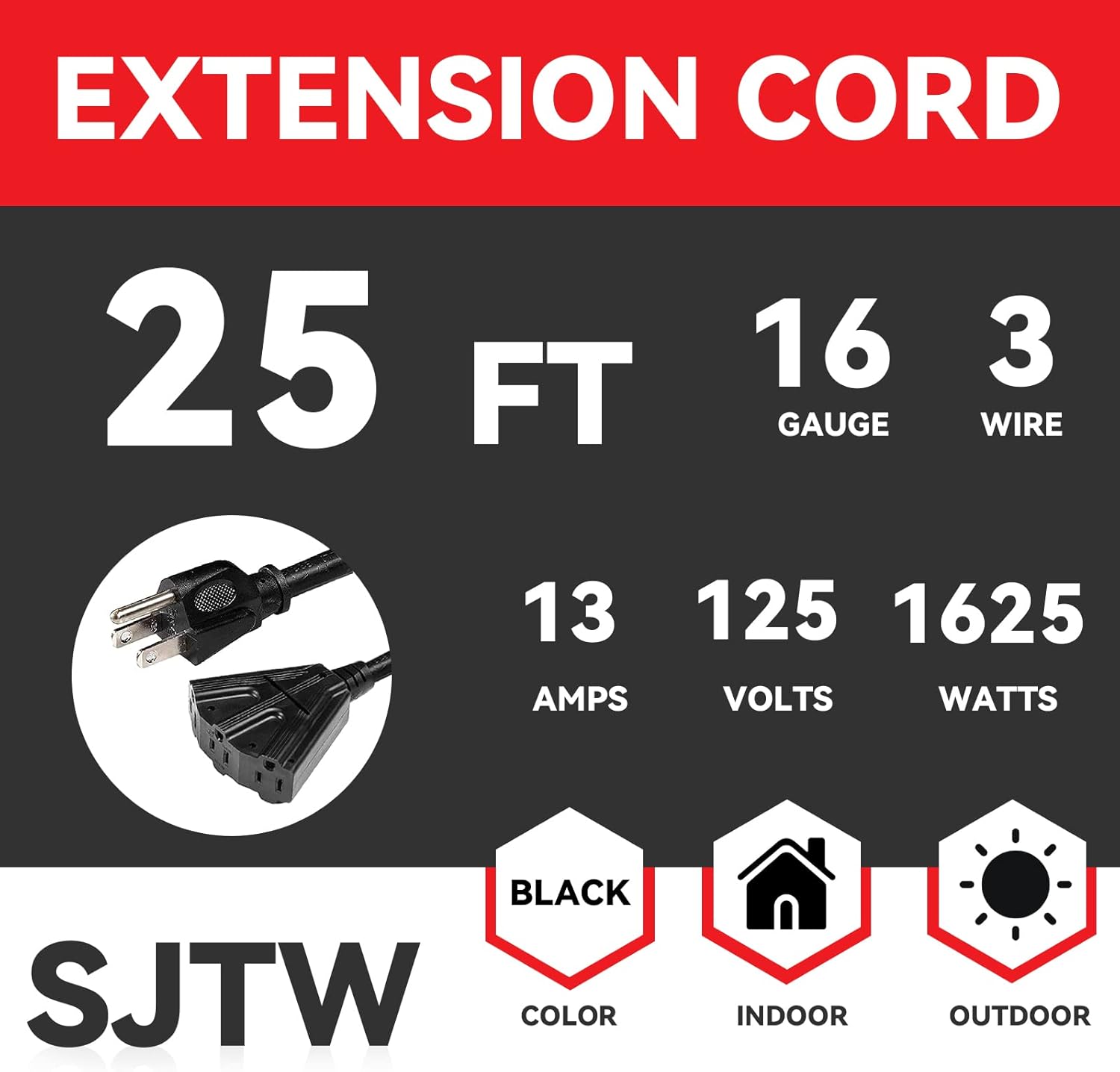EP Cable de extensión para exteriores de 25 pies con 3 tomas de corriente eléctrica, cable negro SJTW de 163 con enchufe a tierra de 3 clavijas para