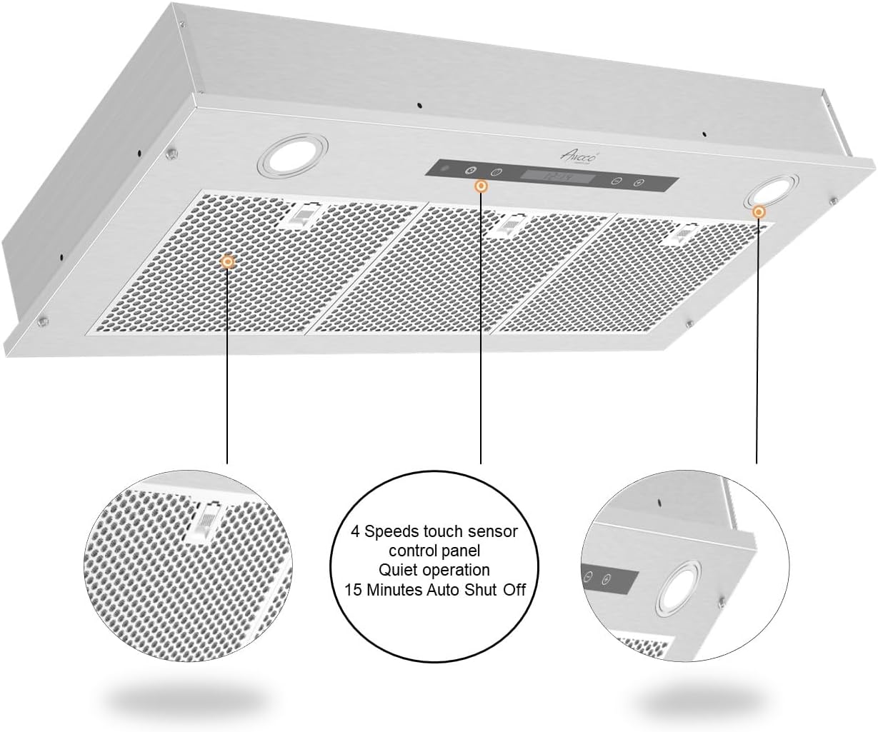 Awoco Campana extractora de acero inoxidable súper silenciosa de 14-12 pulgadas de profundidad, 4 velocidades, 800 CFM, luces LED, filtros de malla