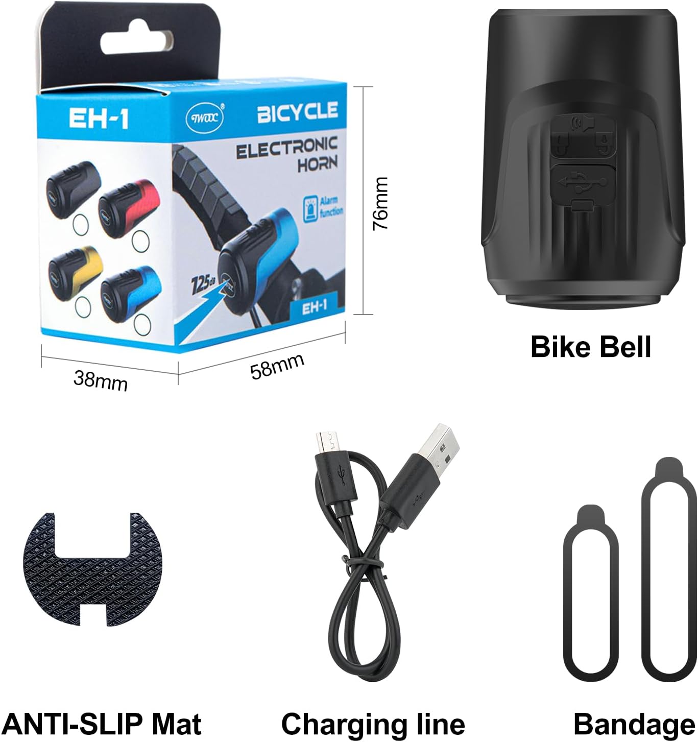 Bocina de bicicleta eléctrica de 125 dB con alarma antirrobo, campana pequeña y ruidosa, 1 modo de sonido, bocina de bicicleta impermeable