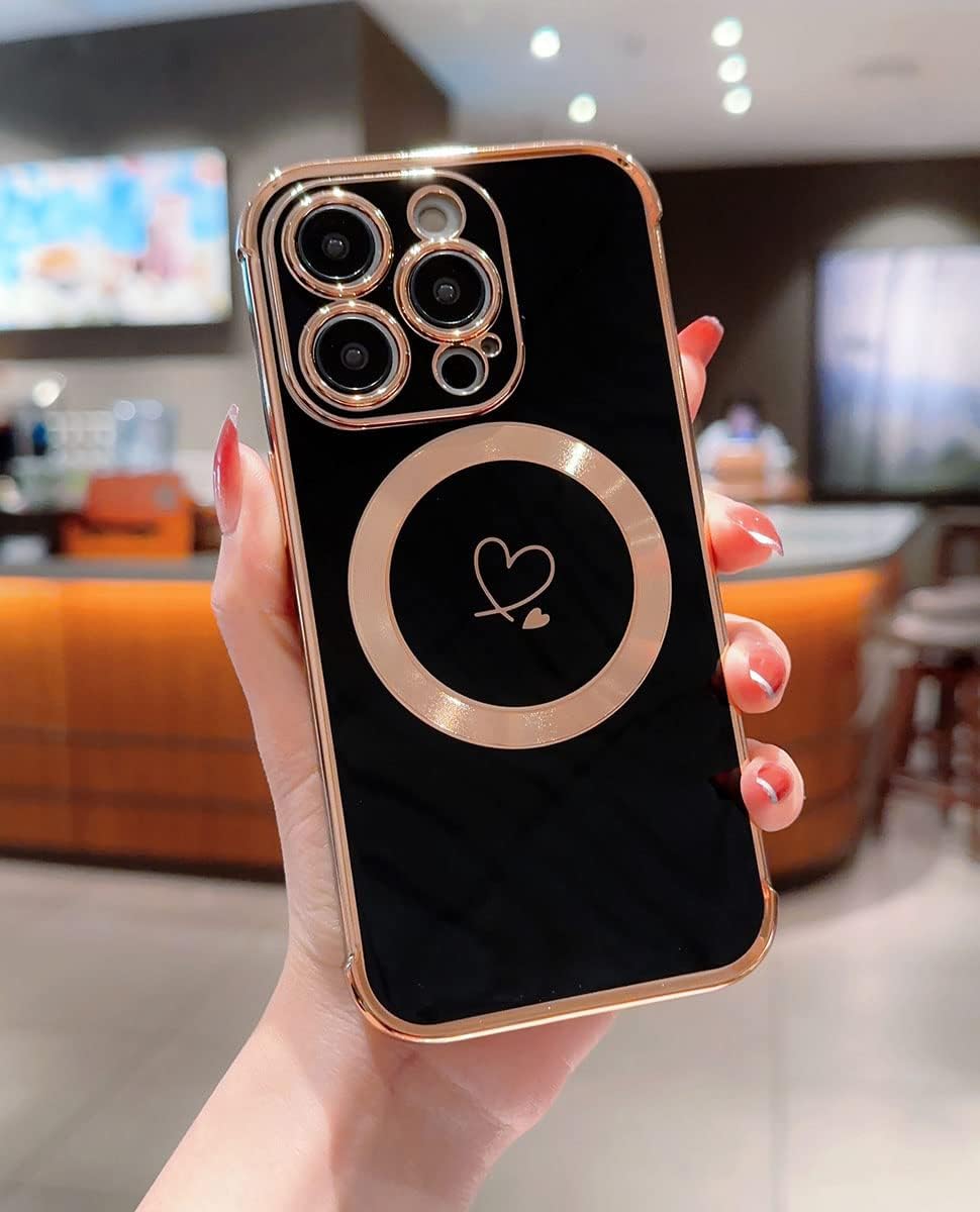 Hosgor Funda compatible con iPhone 15 Pro 2023, compatible con MagSafe Love Heart Platating protección de cámara, funda para teléfono para mujeres y