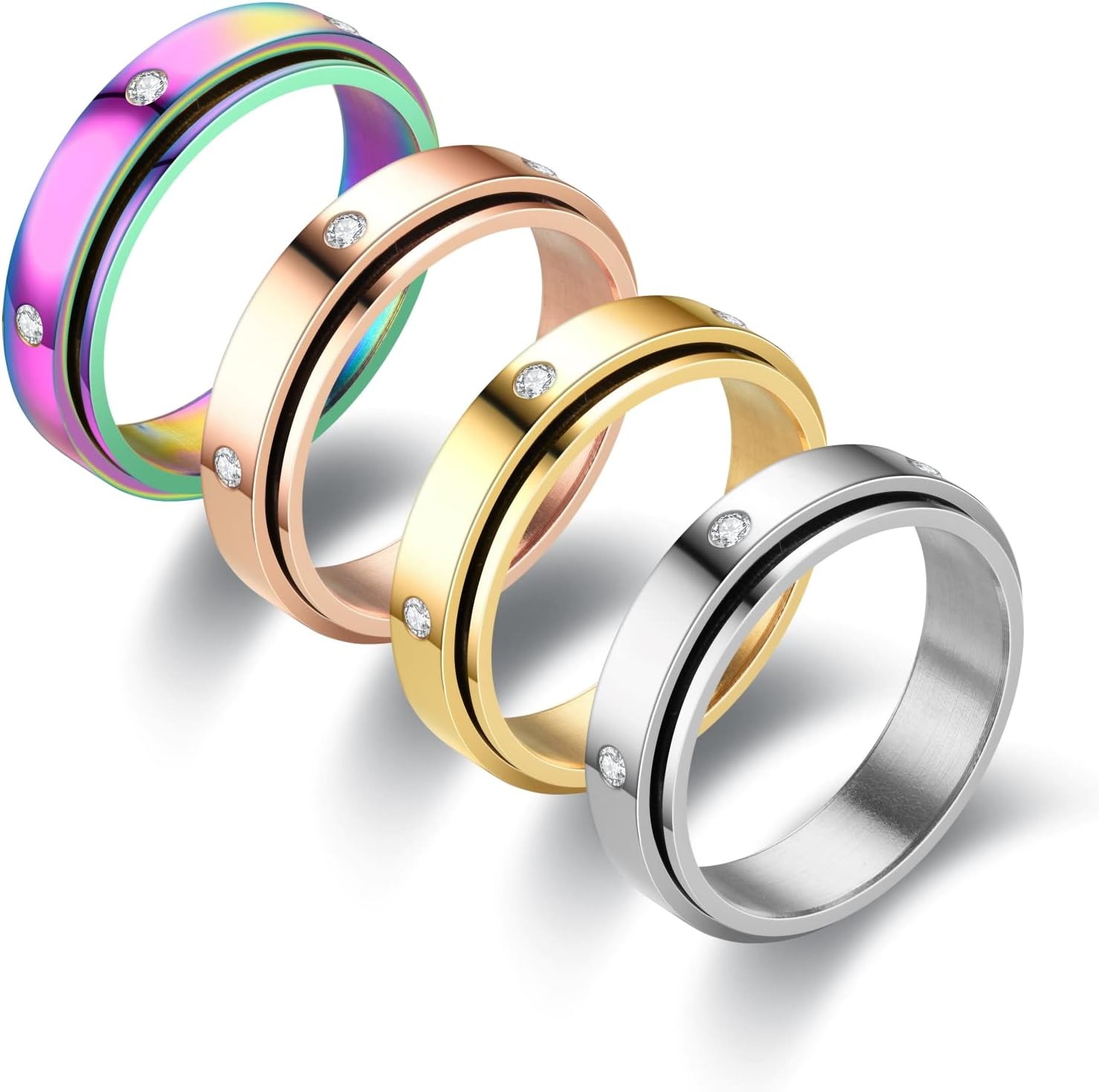 fekang Anillos de ansiedad para mujeres, anillos giratorios para aliviar el estrés, anillos giratorios para adolescentes y niñas, 4 anillos de acero