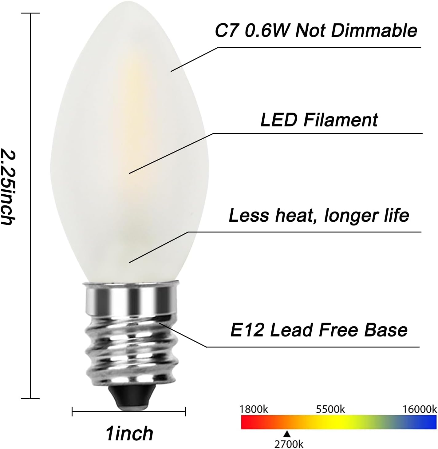 Paquete de 25 bombillas LED C7 de repuesto esmeriladas, bombillas LED de vidrio blanco esmerilado, regulables, 0.6 W, base C7E12, bombillas para luz