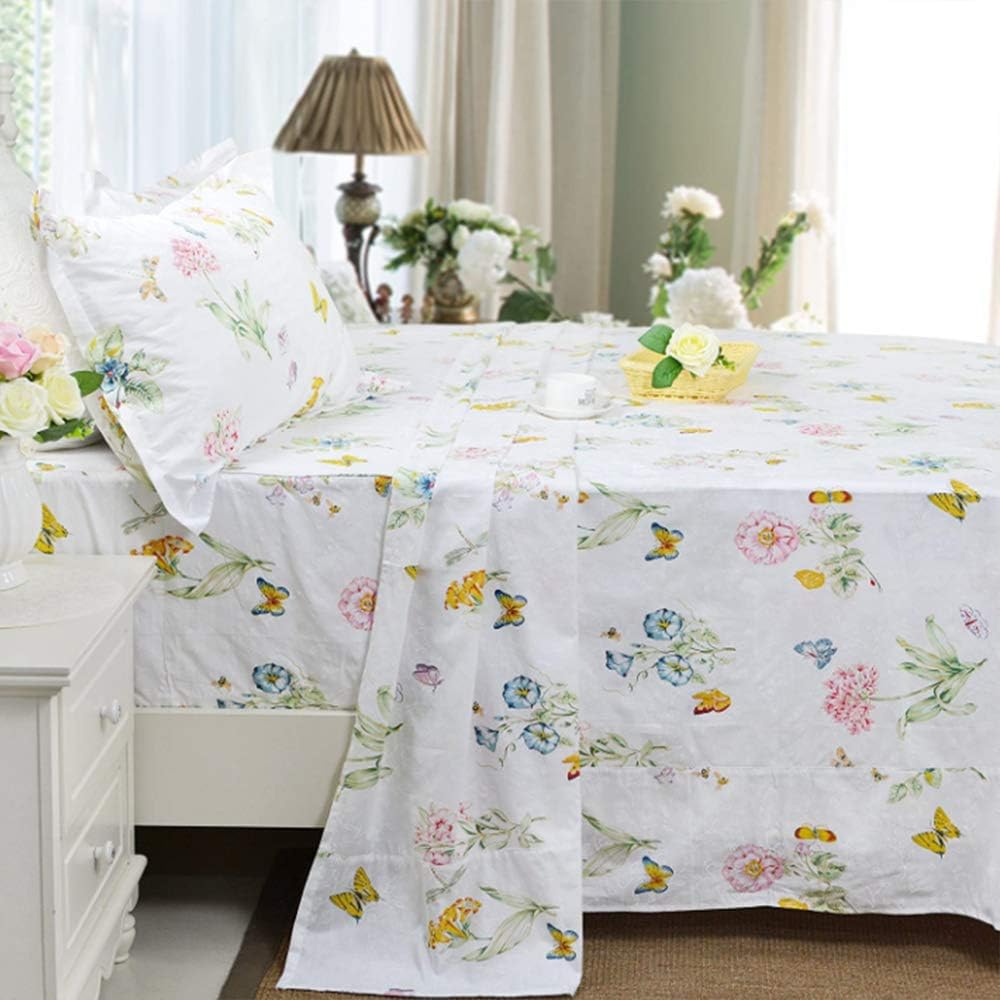 Juego de sábanas florales blancas tamaño Queen, 100% algodón, 600 hilos, diseño floral desgastado con estampado de mariposas, bolsillo profundo,