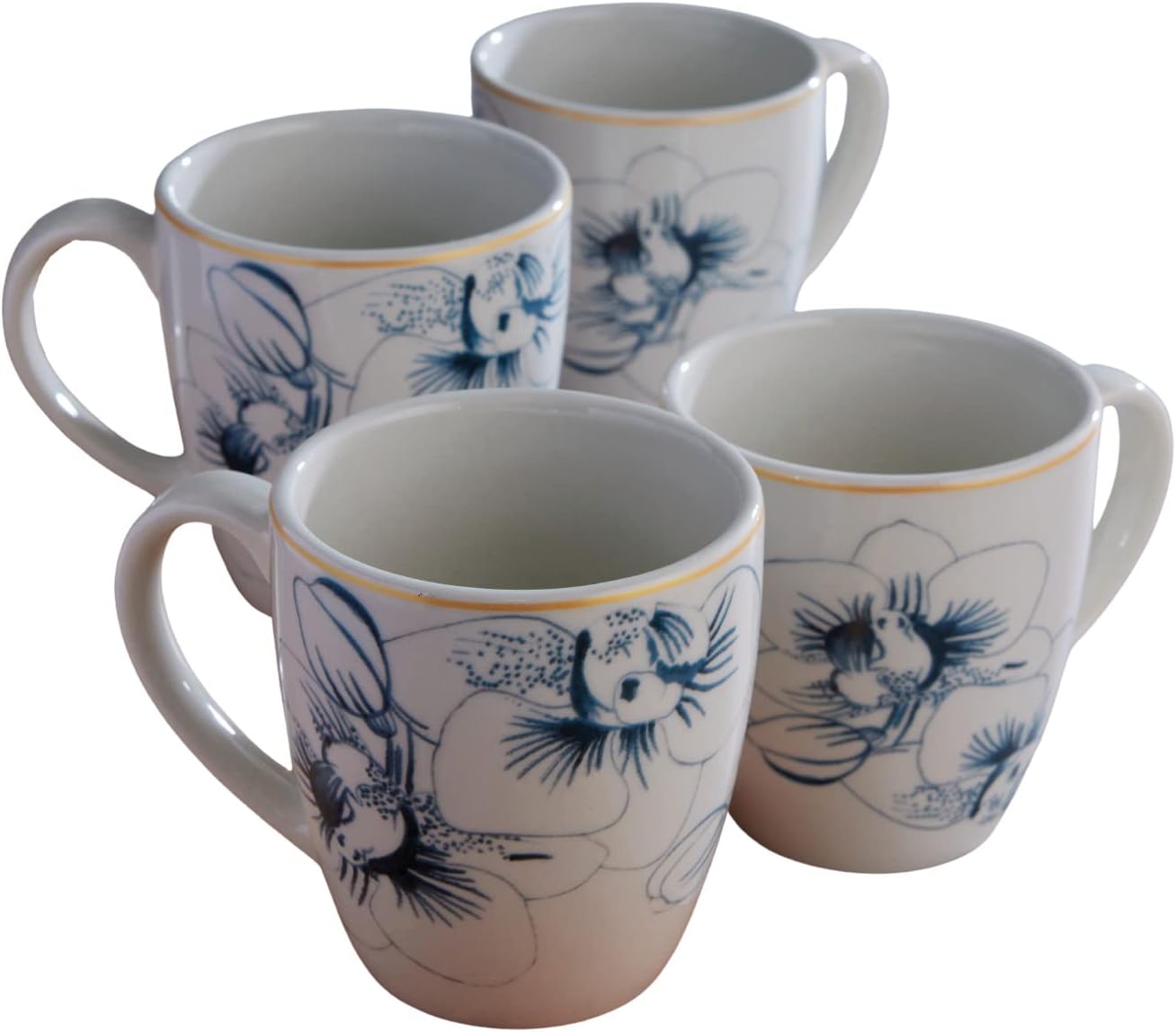 Juego de 4 tazas Corona  Perfecto para los amantes del café y el té  Cattleya 12.8 oz – 380cc  4 piezas  Cerámica  Diseño floral  Cerámica