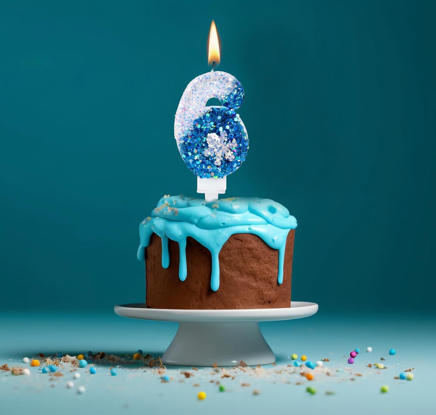 Velas de cumpleaños azules 4, velas de cumpleaños número 4 con purpurina azul y blanca con suministros de fiesta de copo de nieve