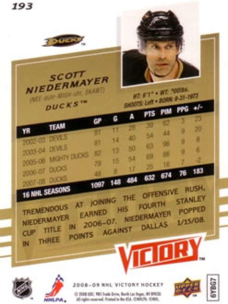2008-09 Upper Deck Victory Hockey #193 Scott Neidermayer Anaheim Ducks Official NHL Trading Card (Stock Photo Shown, Near Mint or Better Condition)