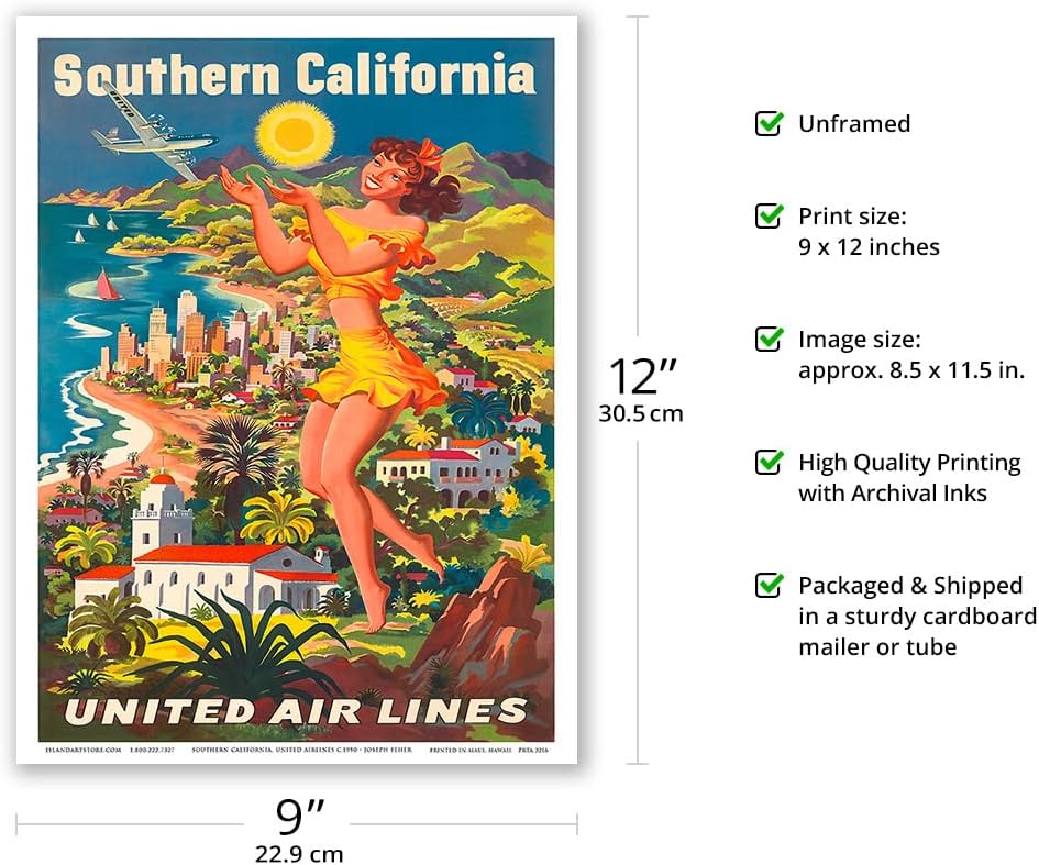 Southern California – United Air Lines – Póster vintage de viaje de aerolínea por Joseph Fehér c.1950 – Impresión artística maestra de 9 x 12