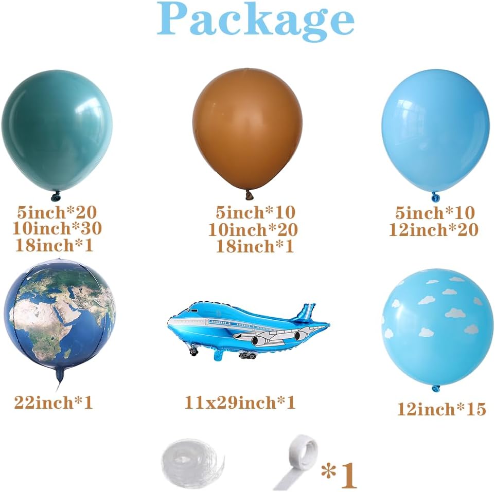 PageebO Kit de arco de globos de fiesta temática de viaje, 131 globos de café azul polvoriento con globo plano de aluminio para que comience la