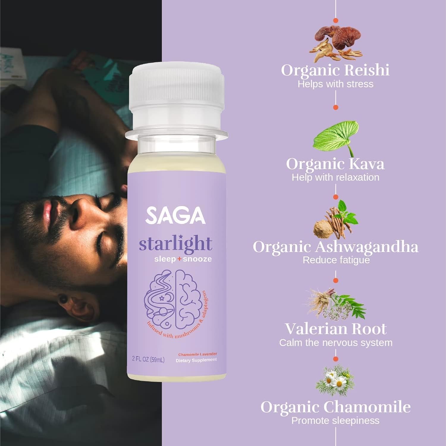 SAGA Starlight – Suplemento para dormir con hongos para el bienestar, bebida funcional para relajación, calma y apoyo al sueño con Ashwagandha,
