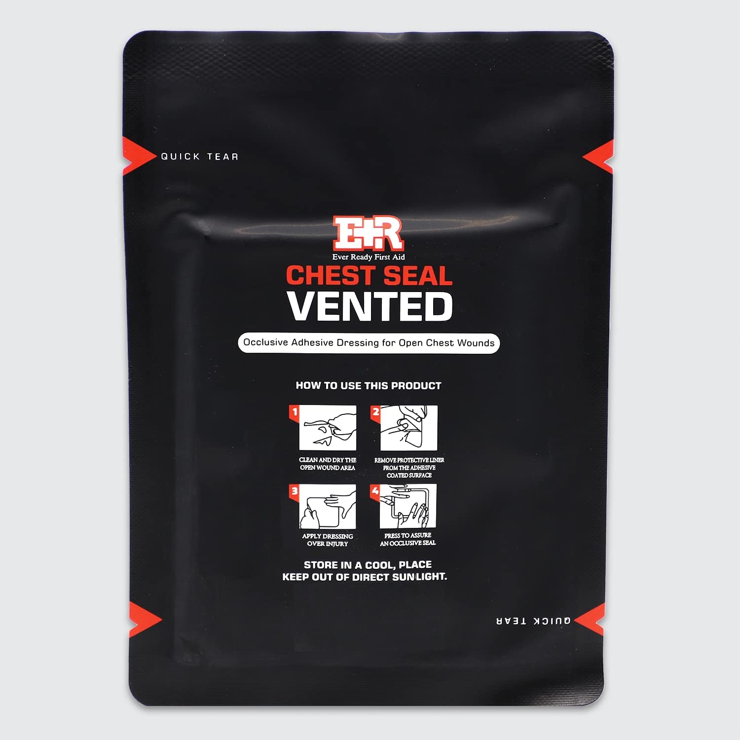 Ever Ready First Aid Sello de pecho ventilado con desgarro rápido, vendaje adhesivo oclusivo cuadrado de 6.6 pulgadas para heridas de pecho abierto,