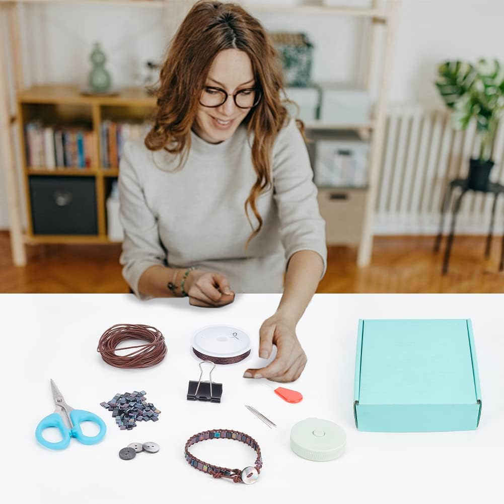 FREEBLOSS Juego de 4 pulseras de cuero con cuentas de tila, pulseras de cuero con cuentas de Tila de color metálico, kit de fabricación de pulseras