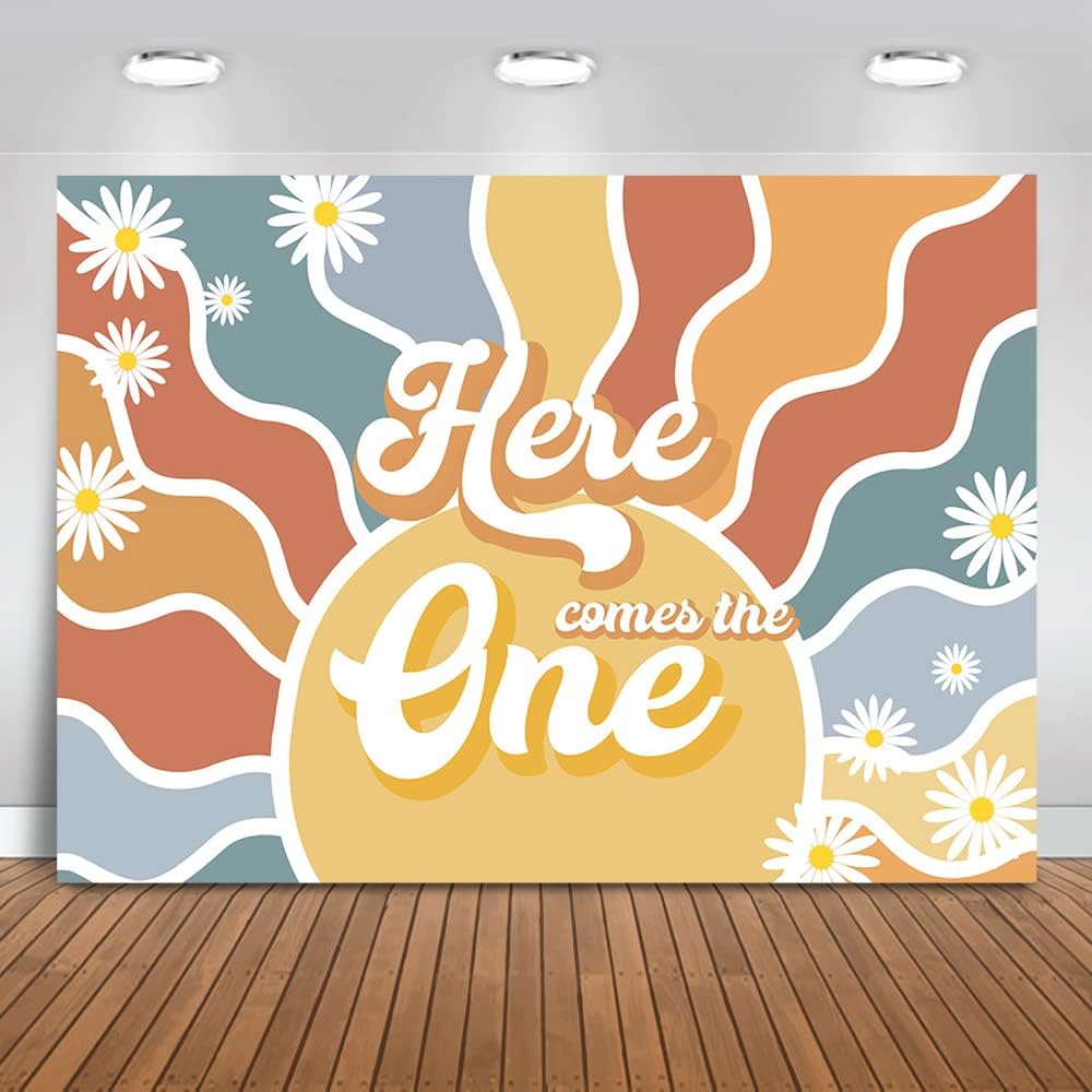 Mocsicka Fondo de sol para primer cumpleaños con texto en inglés “Here Comes The One”, retro, bohemio, decoración de fiesta de primer cumpleaños,
