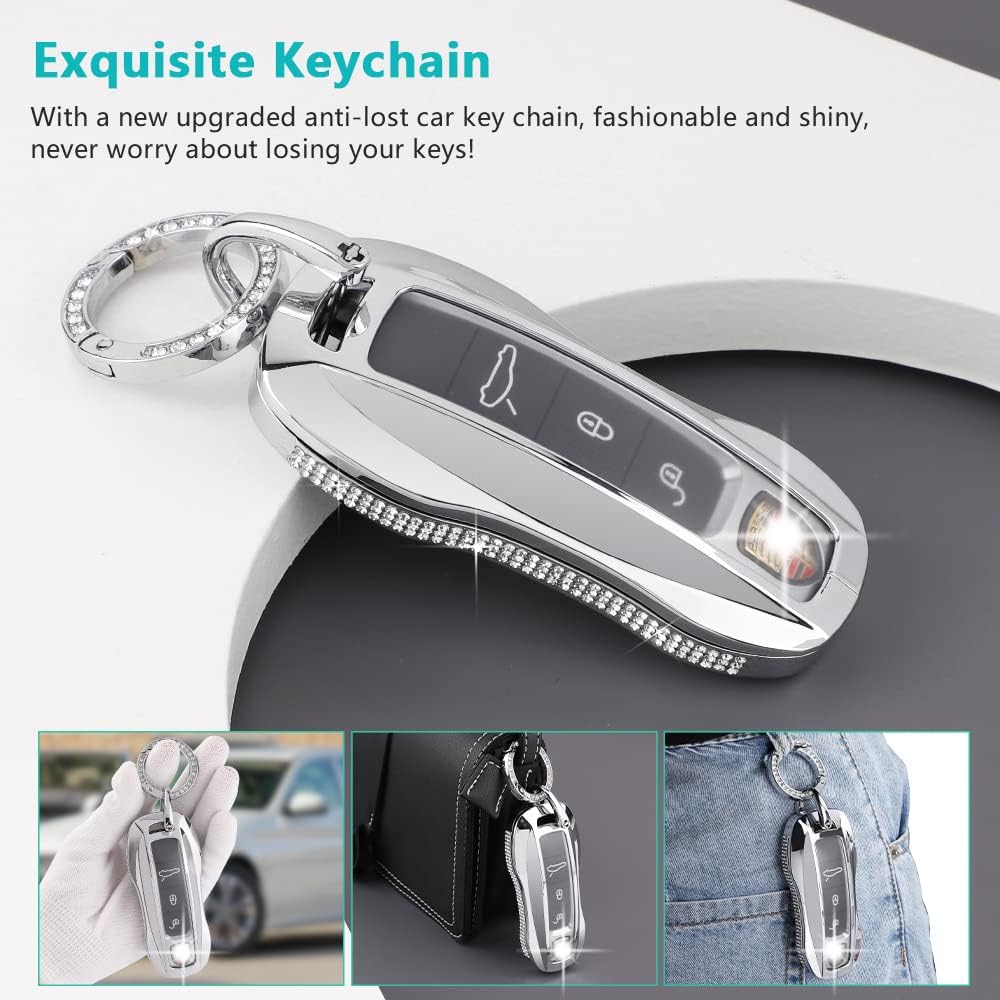 PIFOOG Accesorios para Porsche 911 Cayenne Taycan Panamera Bling Key Fob Cover Smart Remote Key Shell Case Protector Crystal Zinc Alloy Silver 1 PC