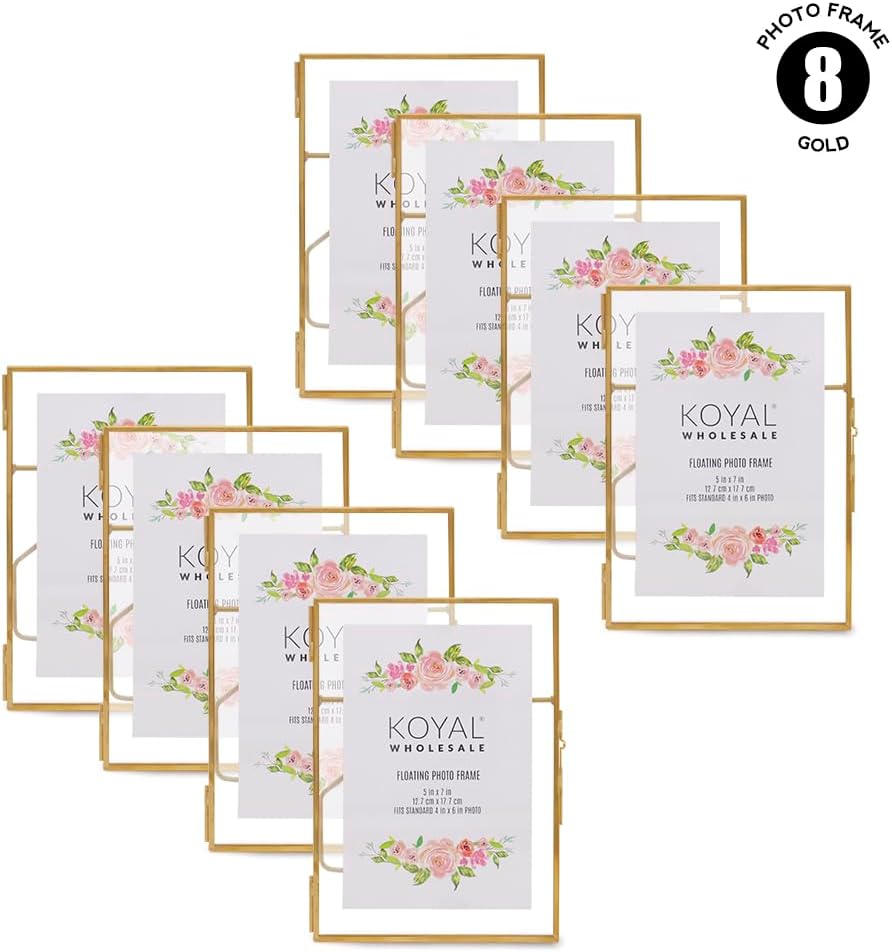 Koyal Wholesale Marcos de fotos flotantes de vidrio prensado de 5 x 7 pulgadas, color dorado, paquete de 8 con soportes para uso horizontal o