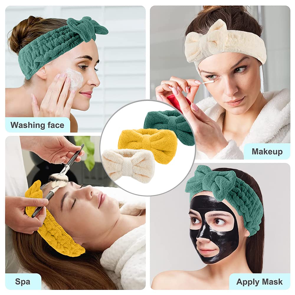 Diadema de spa  Paquete de 3 bandas para el cabello con lazo para mujer, diademas de maquillaje facial suave de vellón coral elástico para la