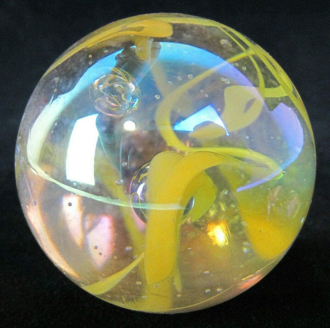 Grande de 2 pulgadas (1.969 in) amarillo con soporte de exhibición, bola de vidrio de mármol de burbujas iridiscentes, grande, grande, transparente,
