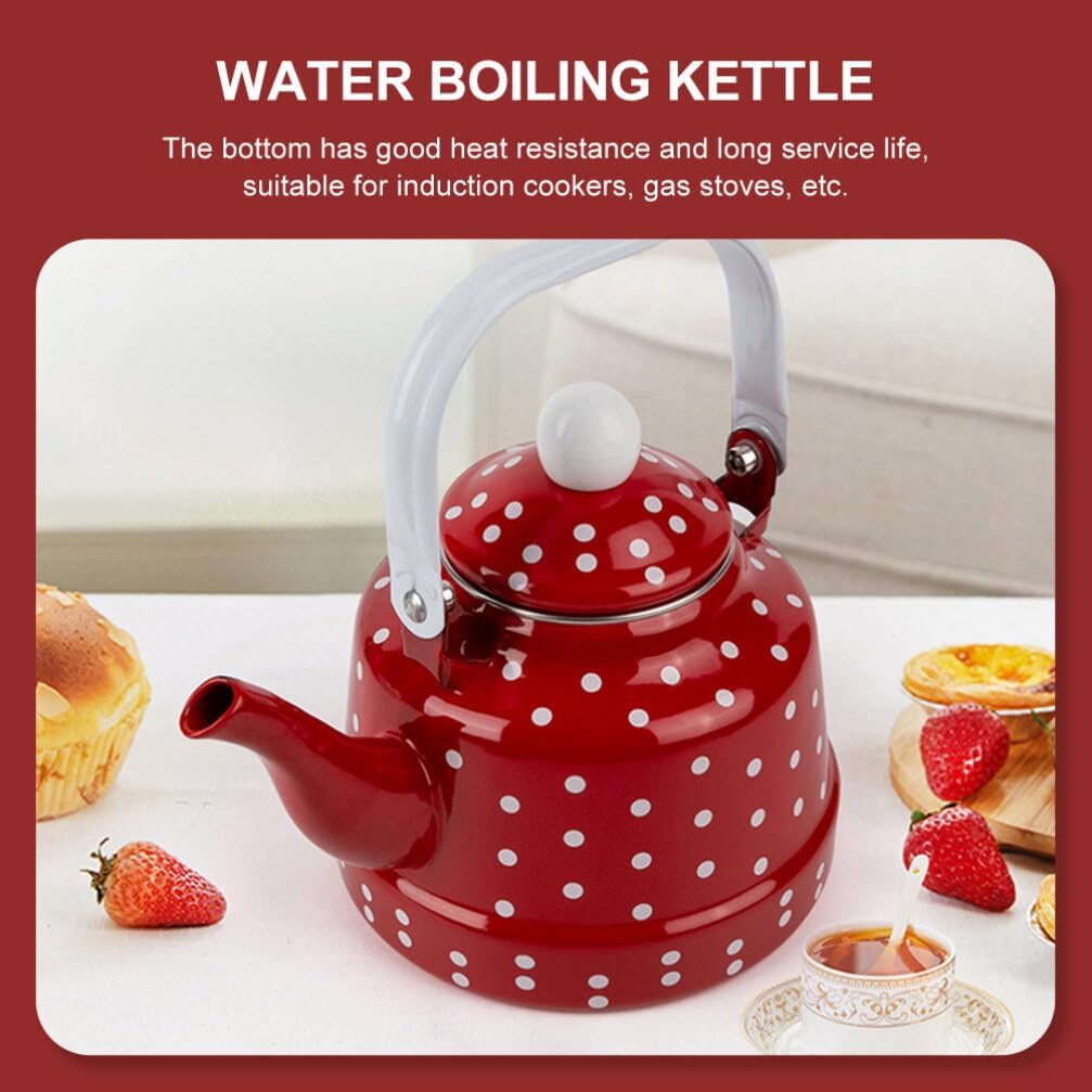 DOITOOL Hervidor de té esmaltado para estufa, tetera esmaltada, tetera de café con lunares rojos y blancos con filtro de acero inoxidable para el