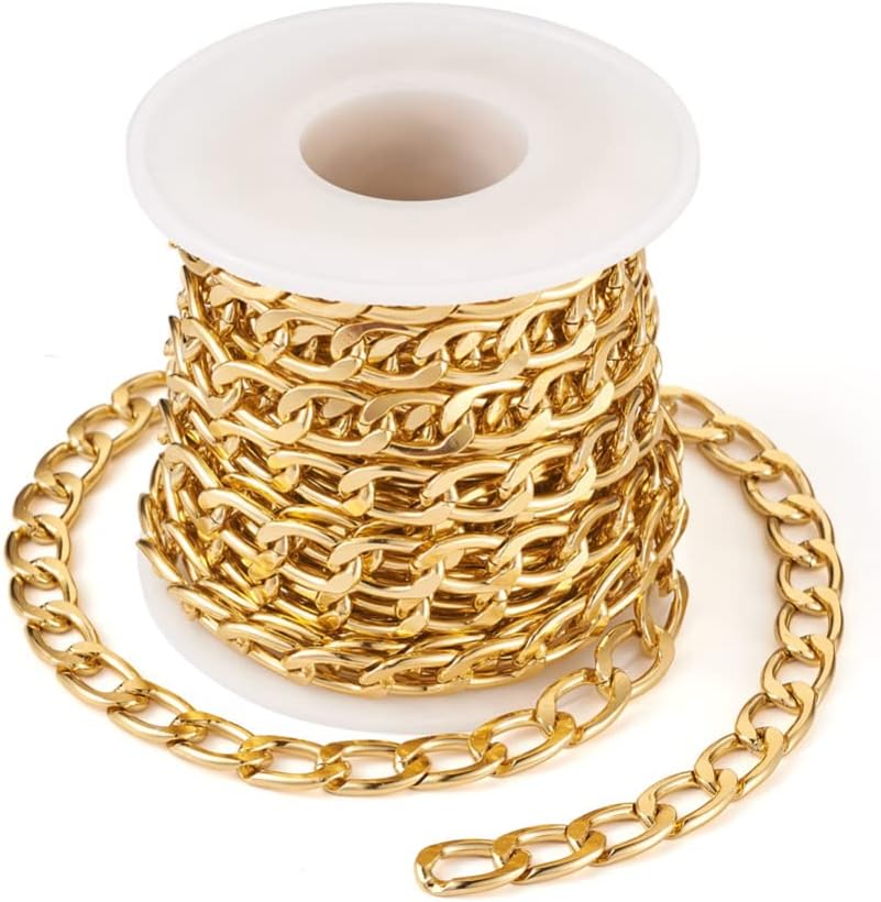 Mega Pet Cadenas de acero de oxidación de 16.4 pies, cadena ovalada sin soldadura chapada en oro claro con carrete de 0.531 x 0.315 x 0.079in para
