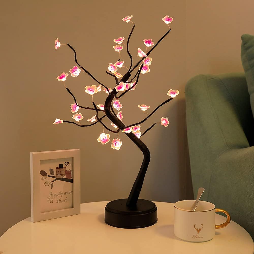 HoldOneLight Lámpara de luz de árbol bonsái de flor de cerezo, 36 LED, lámpara de árbol de decoración japonesa, batería y enchufe USB, lámpara de