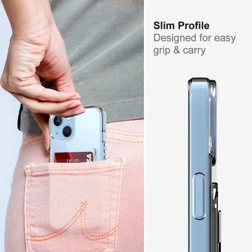 ZIYE Funda transparente compatible con iPhone 15 con tarjetero, protección de cámara de ajuste delgado, policarbonato duro, a prueba de golpes,