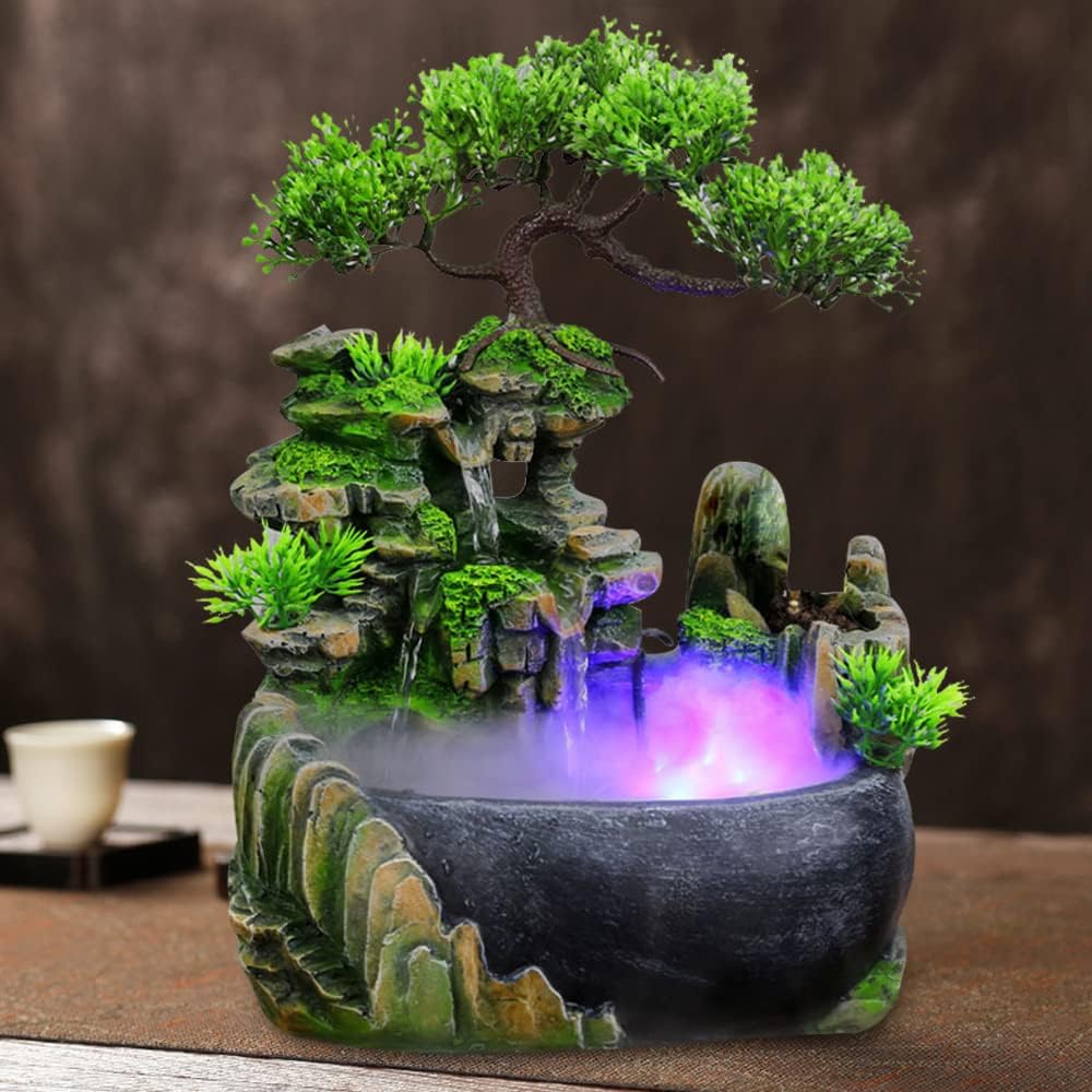 TFCFL Fuente de escritorio de relajación para interiores, cascada, cascada de meditación zen para interiores con fabricante de niebla y luz LED
