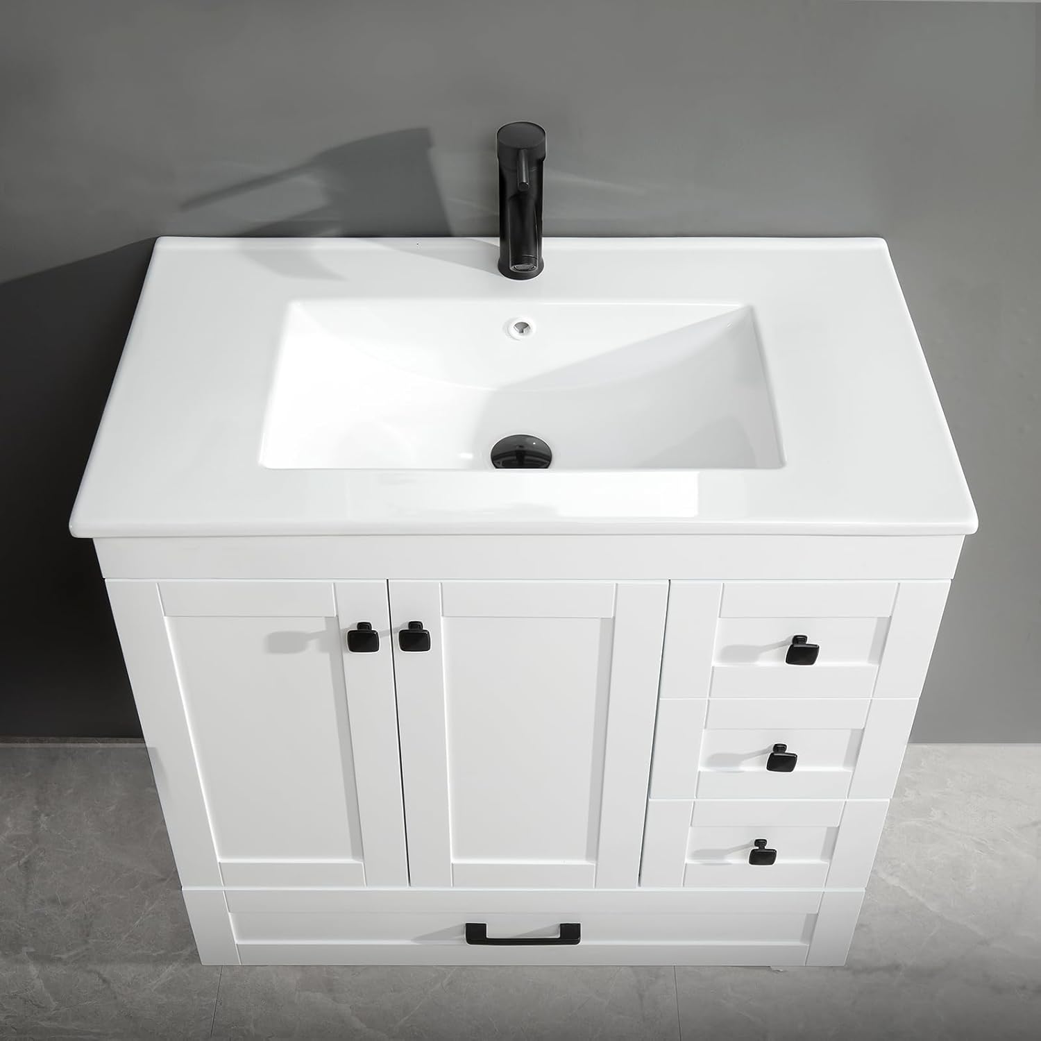 Armario de tocador de baño de 30 pulgadas con lavabo, fregadero de cerámica empotrado, grifo negro mate, espejo de alta definición