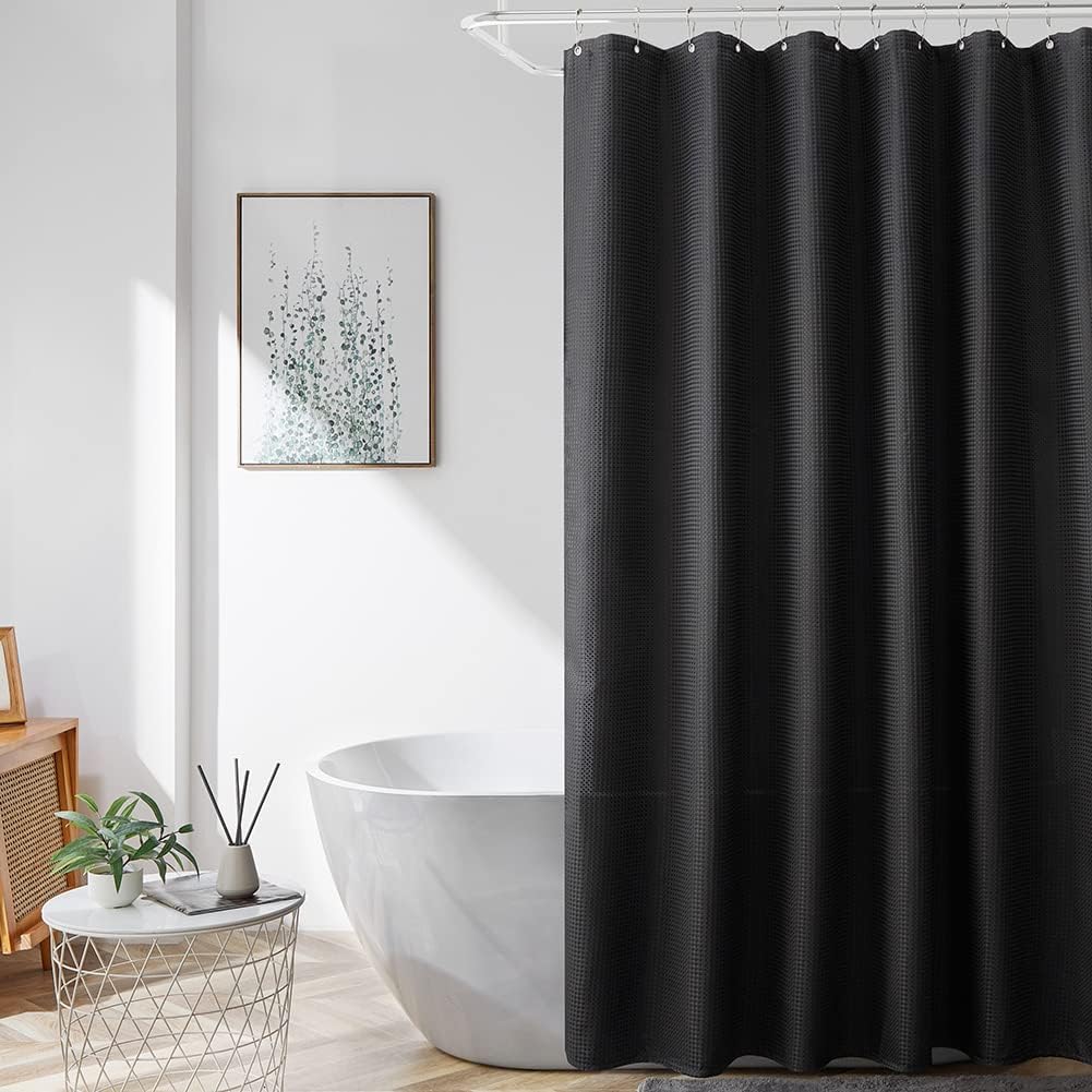 Cortina de ducha extra larga negra de 96 pulgadas de largo, cortina de ducha de tejido gofre, cortina de baño de tela impermeable con ganchos,