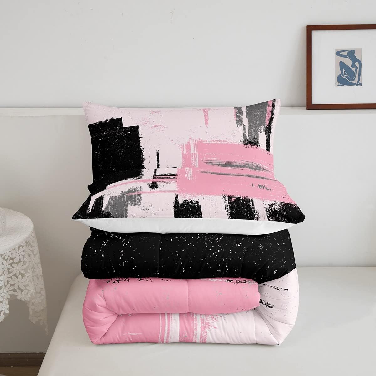 Feelyou Juego de edredón abstracto moderno de arte abstracto para niños y niñas, color rosa y negro, juego de ropa de cama para decoración de