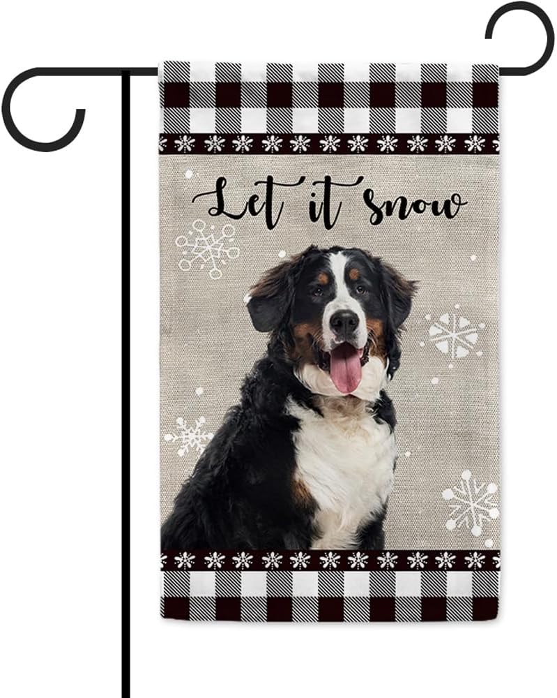 Let It Snow Dog – Bandera de invierno para jardín, bandera de montaña bernesa con copos de nieve, búfalo a cuadros, Navidad, decoración de patio al