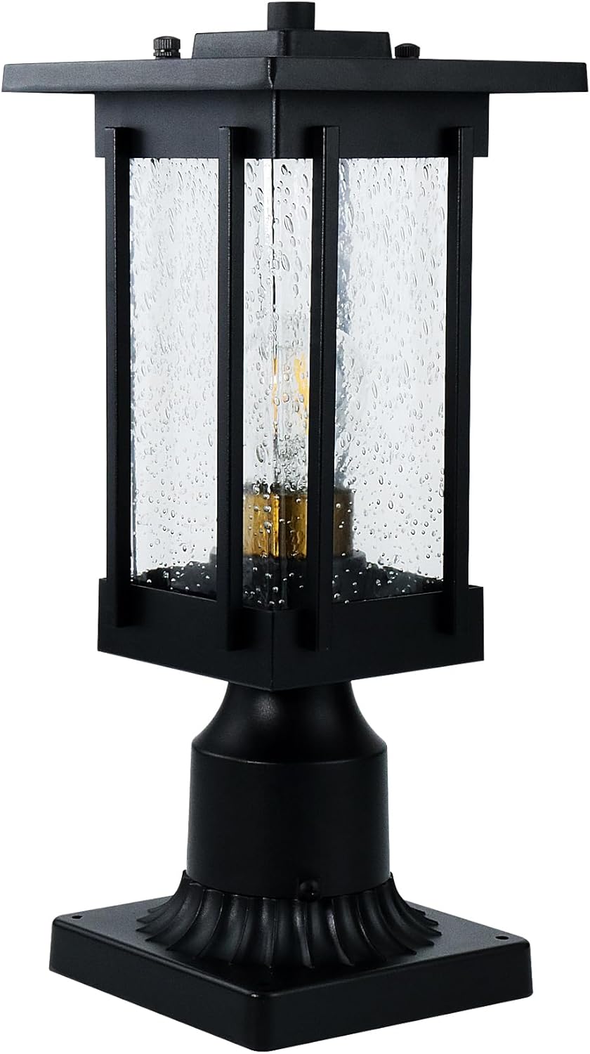 MONKFISH 2516-1G – Luz cuadrada negra para exteriores con base, pantalla de cristal de burbujas, ideal para terrazas, patios, jardines, pasillos