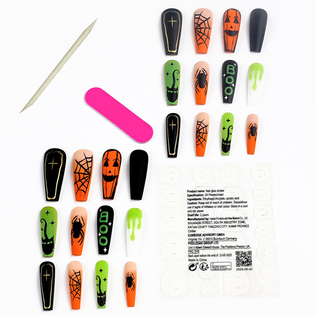 Uñas postizas largas cuadradas para Halloween, con pegamento, diseño de telaraña, lápida de gato, diseño de telaraña, uñas acrílicas, fantasma, arte