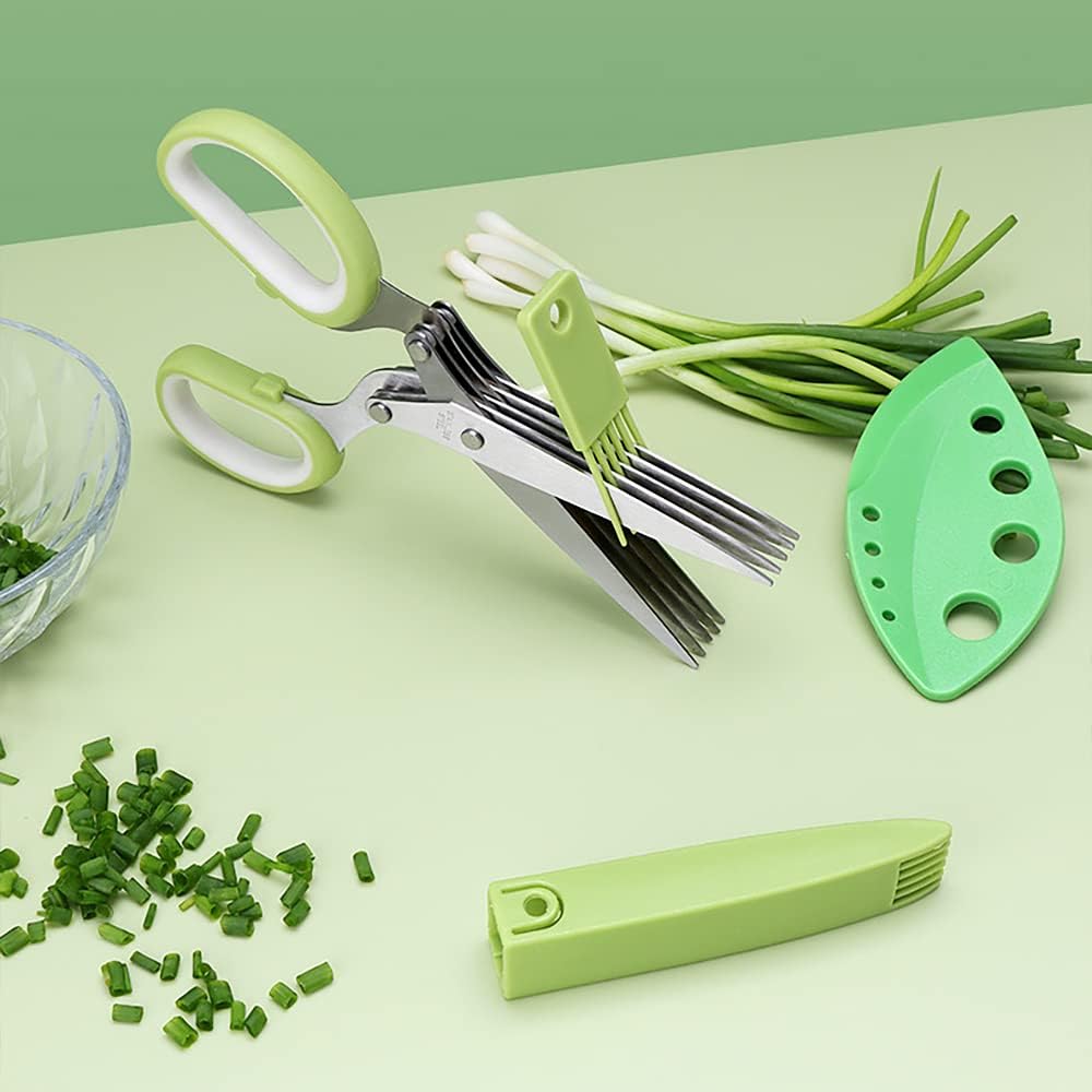 A-XINTONG – Tijeras multicapa de acero inoxidable con cepillo pequeño, para cortar verduras, hierbas, papel triturado, versátil, fácil de usar