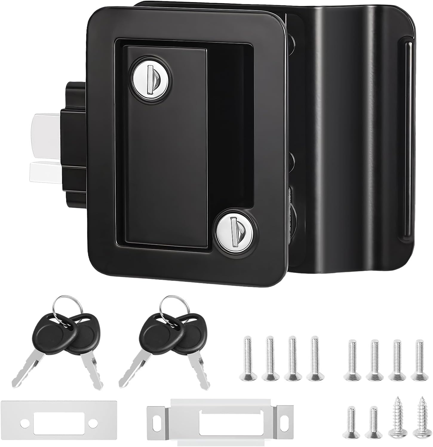Cerradura de puerta de entrada de remolque de viaje RV con cerrojo de paleta, cerradura de llave, negro, pestillo de puerta 100% metal para cámper