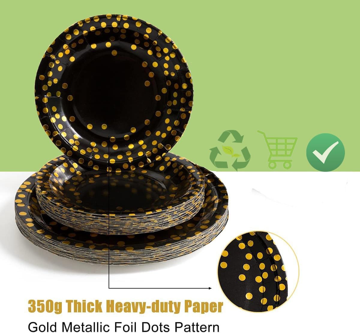 Choha 180 piezas de suministros de fiesta negros y dorados, sirve para 30 invitados desechables para fiestas, platos de papel negro, servilletas,
